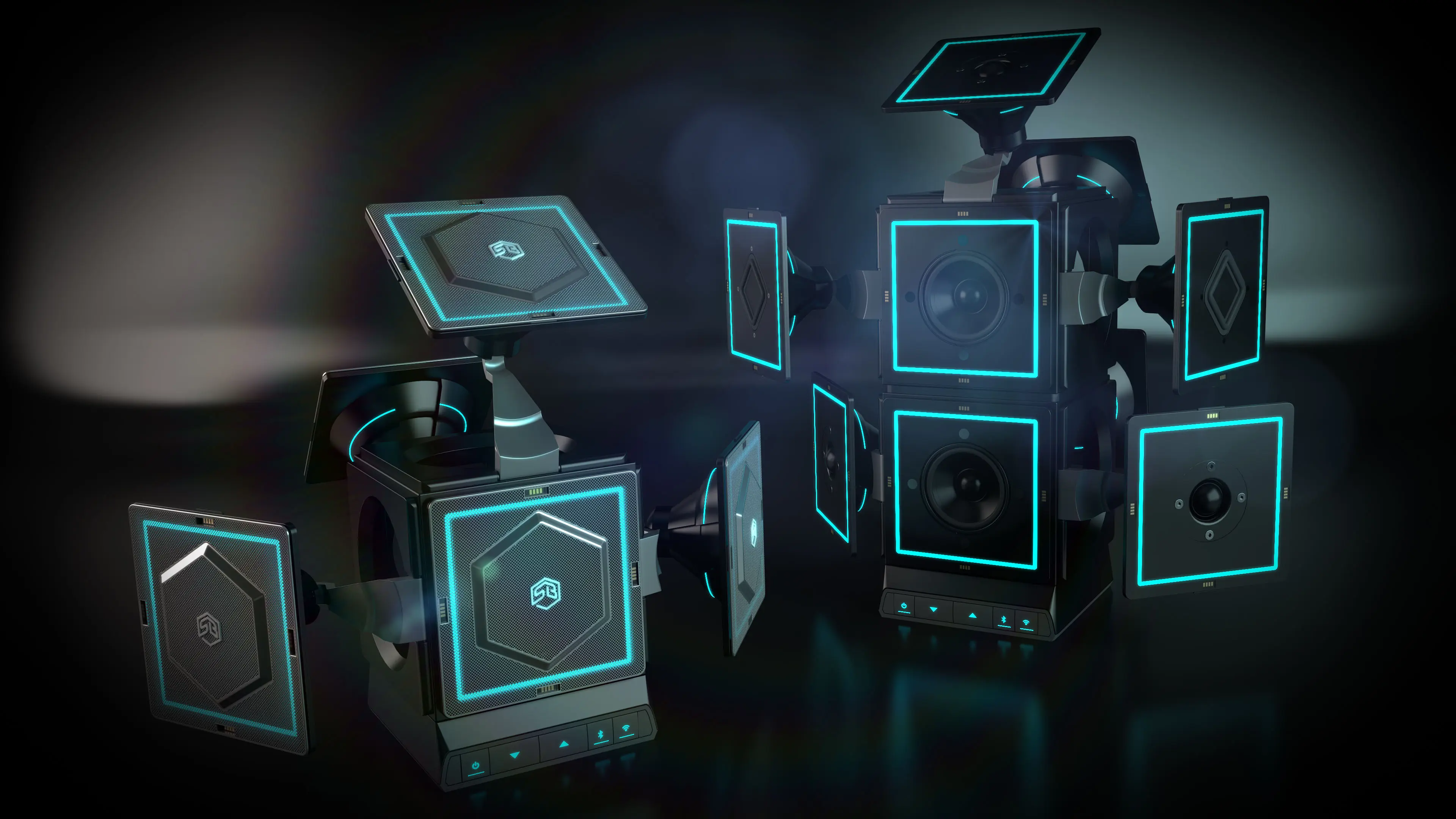 3D rendering of a modular smart speaker setup with detachable audio panels and glowing edge lighting.