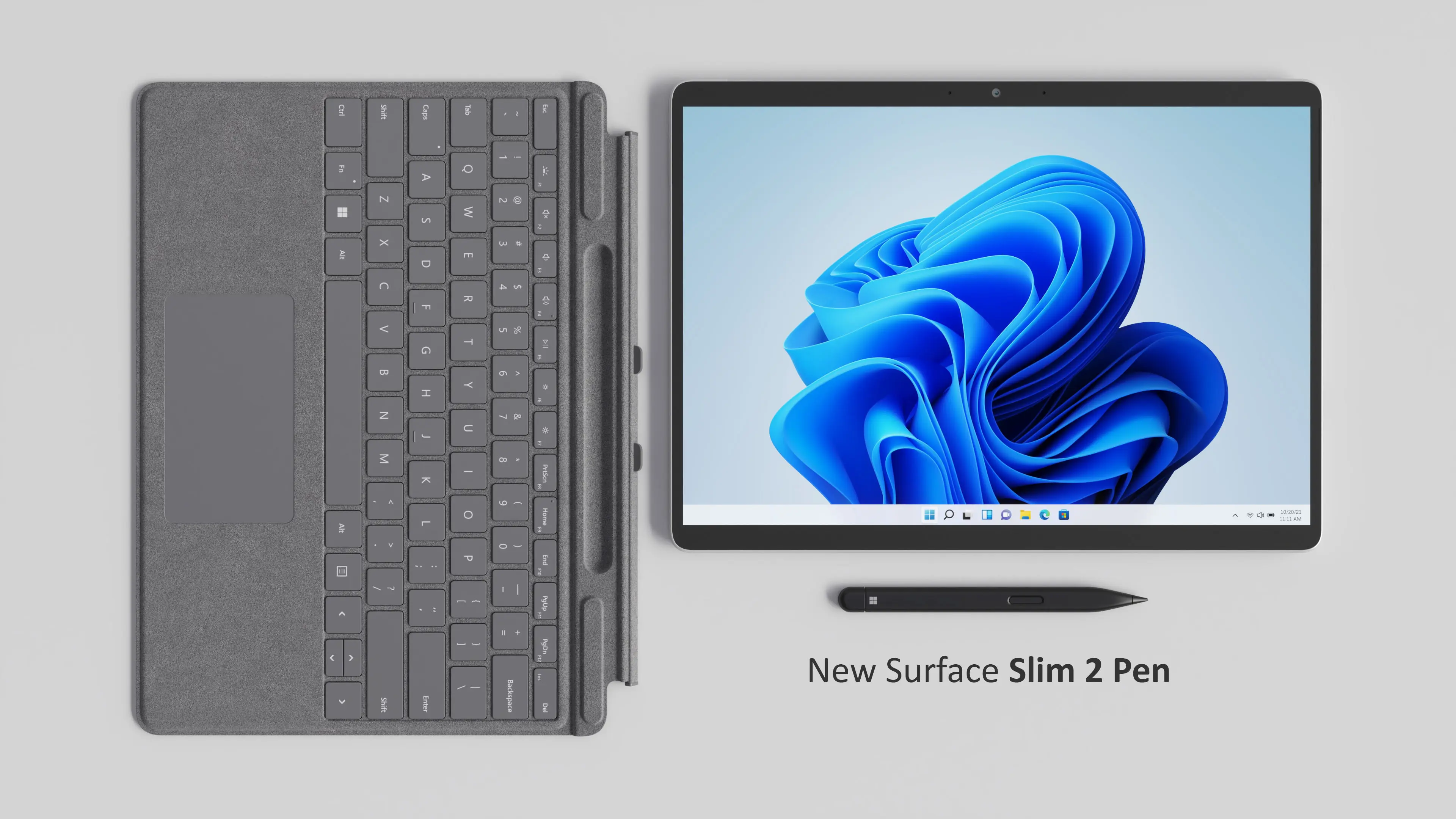 Top-down 3D render of Surface Pro with keyboard and Slim Pen 2 on white background.