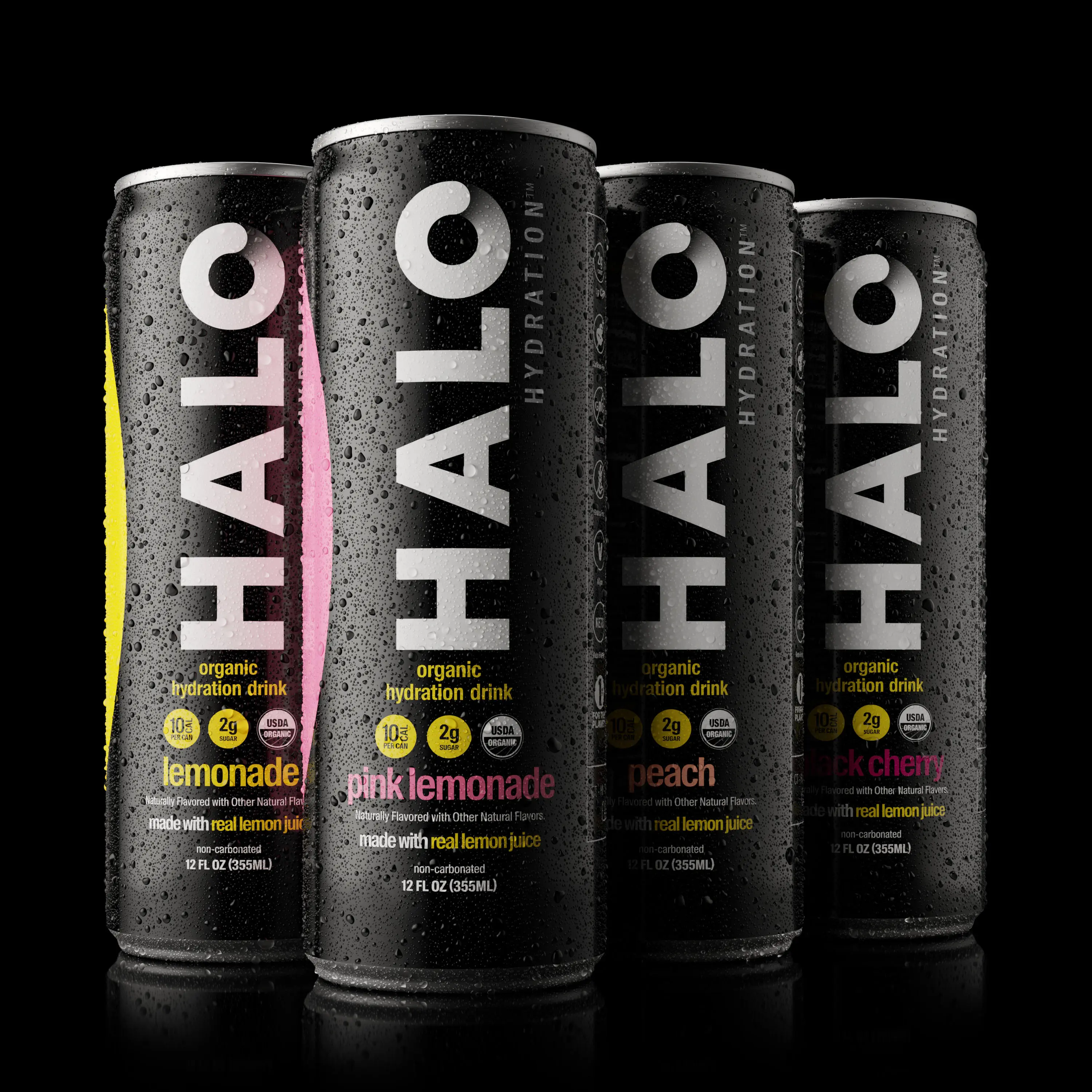 Studio rendering of HALO Hydration drink cans in four flavors with condensation on a black background.