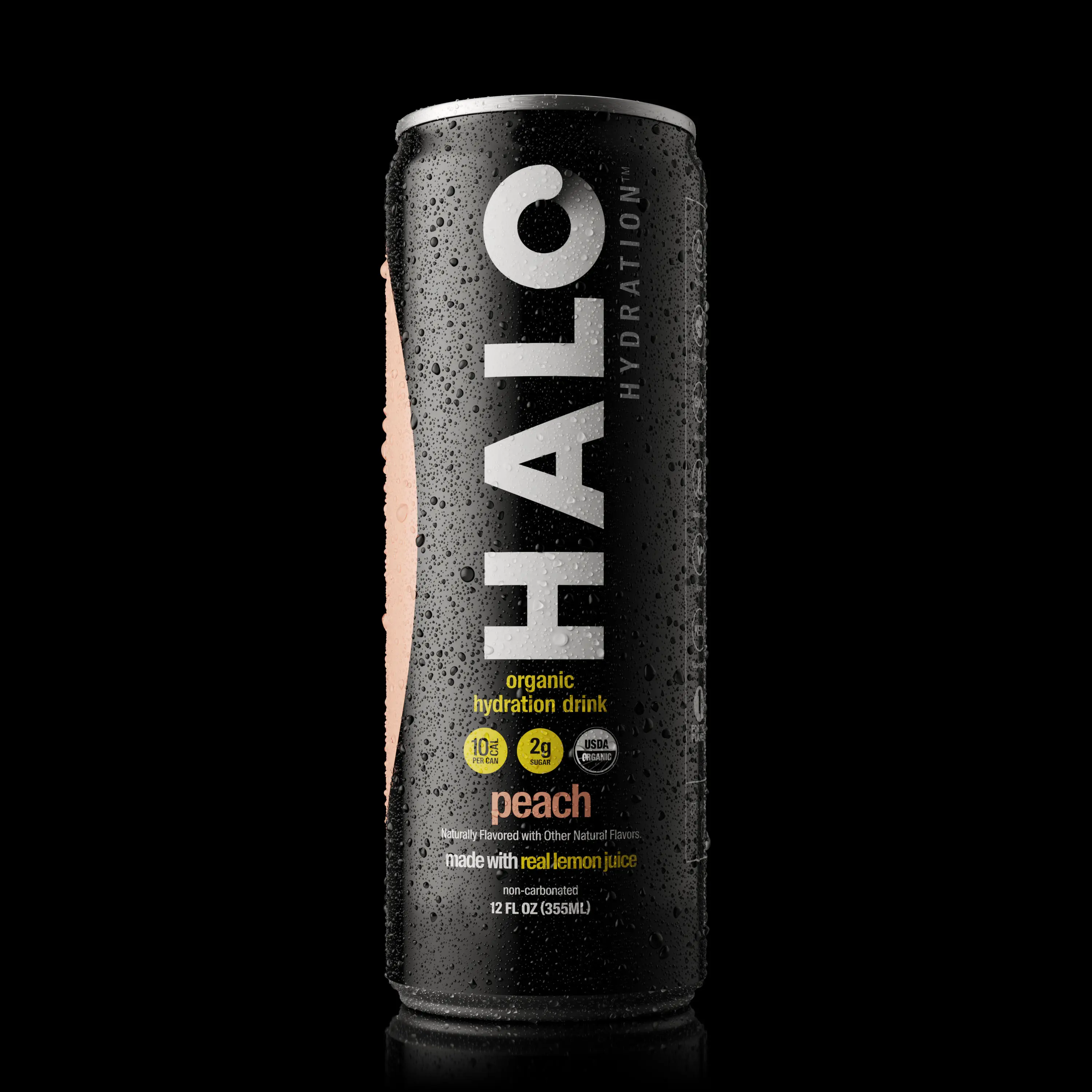 High-detail 3D product rendering of HALO Hydration peach can with water droplets on a black background.