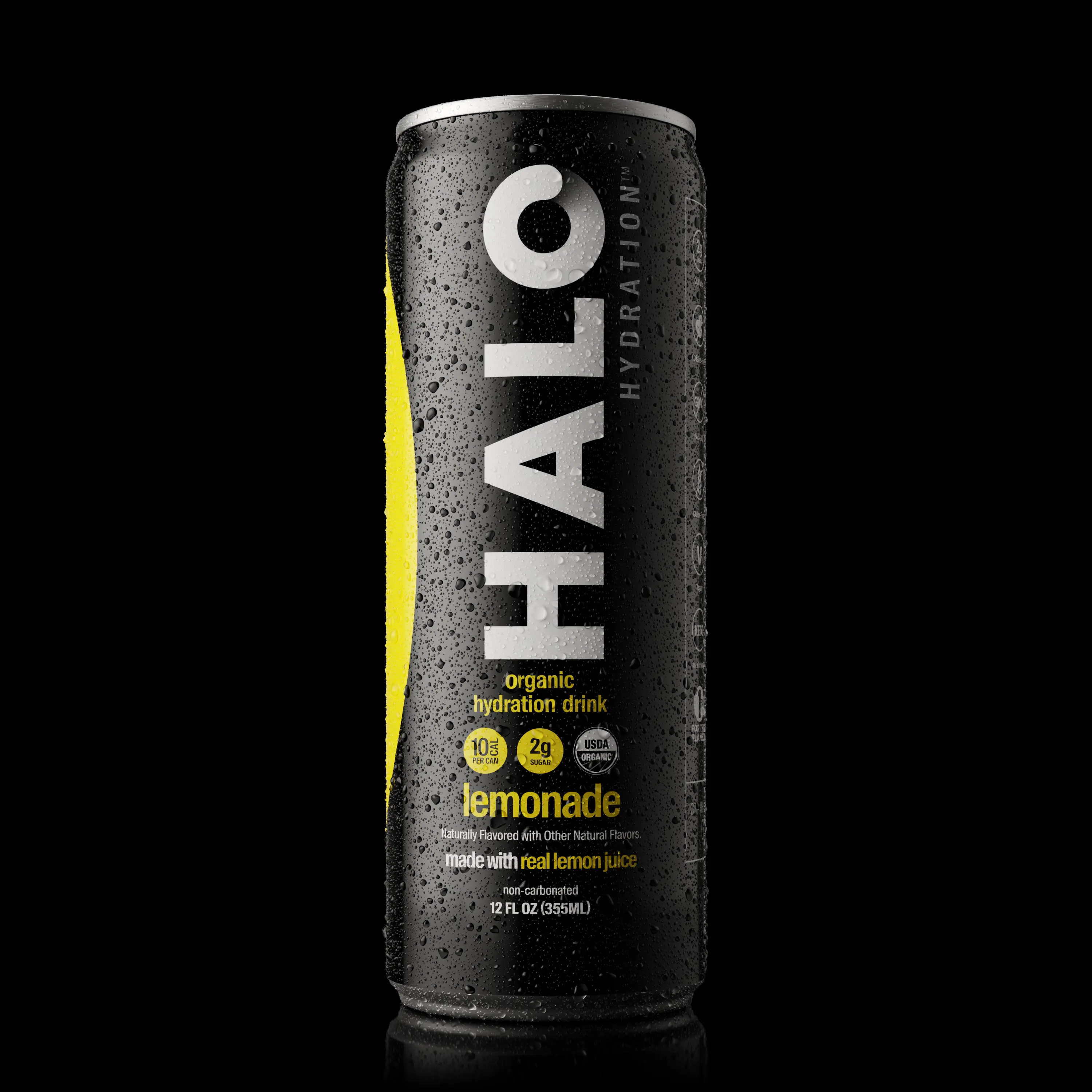Photorealistic 3D rendering of HALO Hydration lemonade can with condensation, black background.