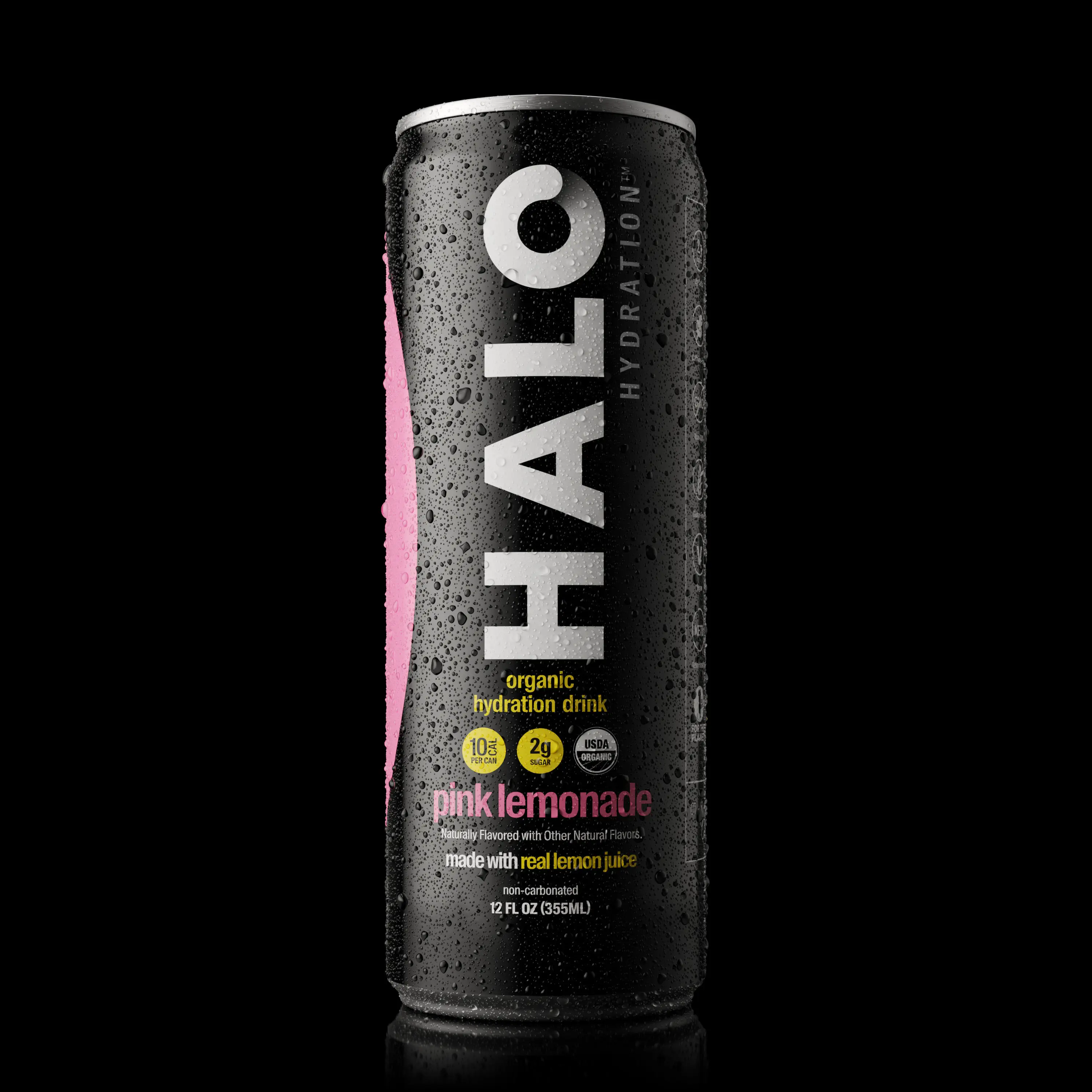 Photorealistic 3D render of HALO Hydration pink lemonade can with condensation on a black background.