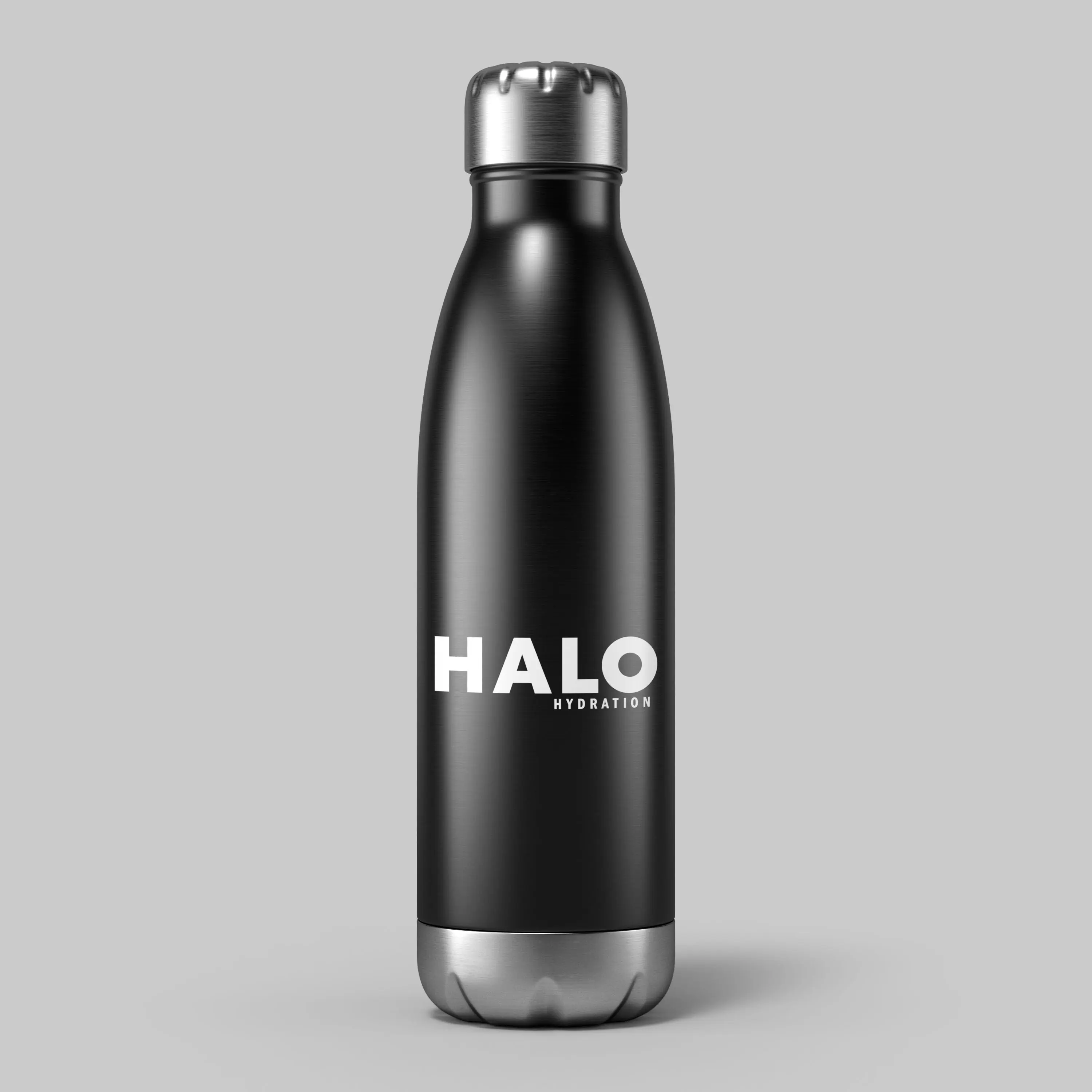 3D product rendering of HALO Hydration reusable bottle with matte black finish on grey background.