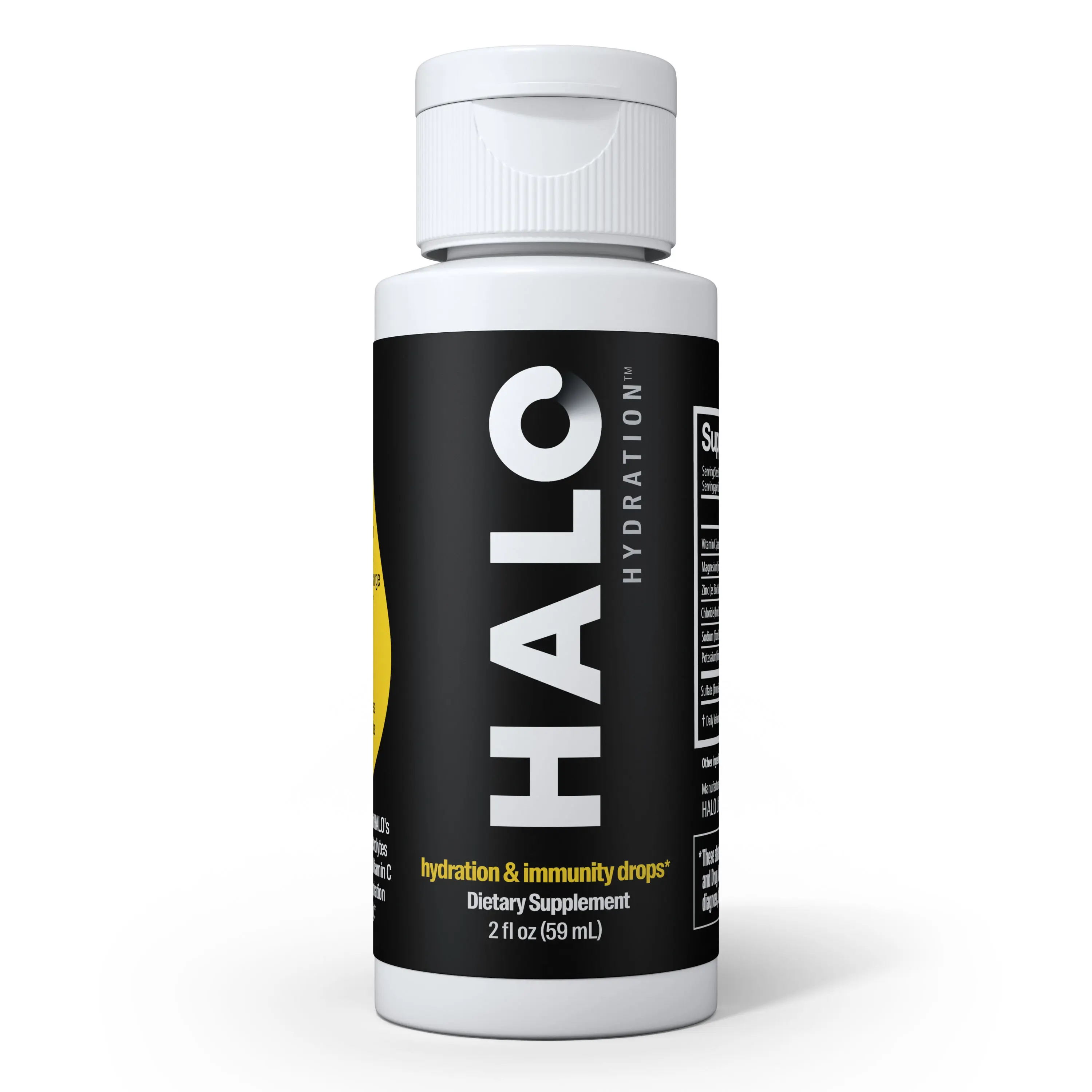 3D rendering of HALO Hydration dietary supplement bottle featuring hydration and immunity drops in a sleek black and white design.