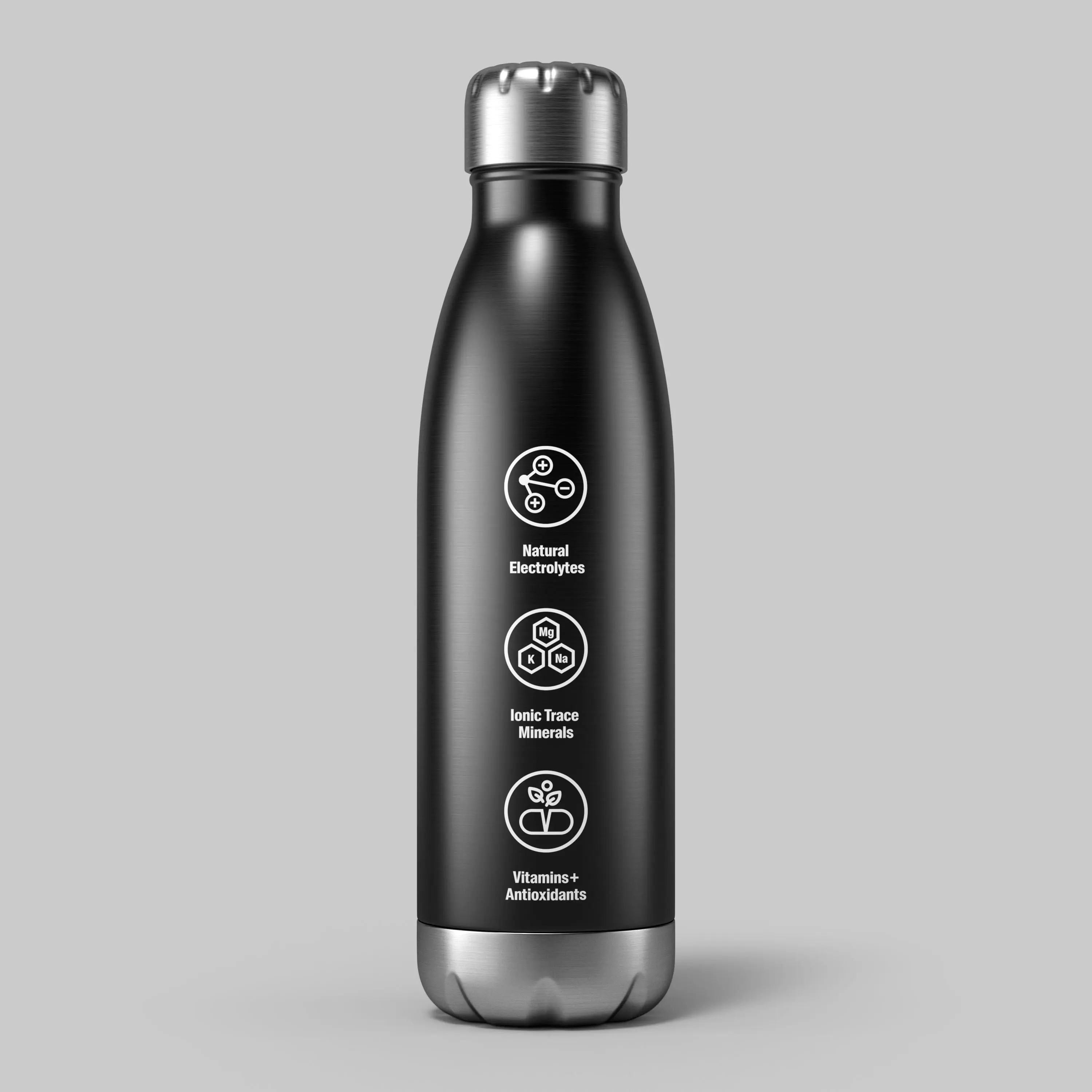 3D rendering of HALO Hydration bottle showcasing natural electrolytes, trace minerals, and antioxidants on a matte black surface.