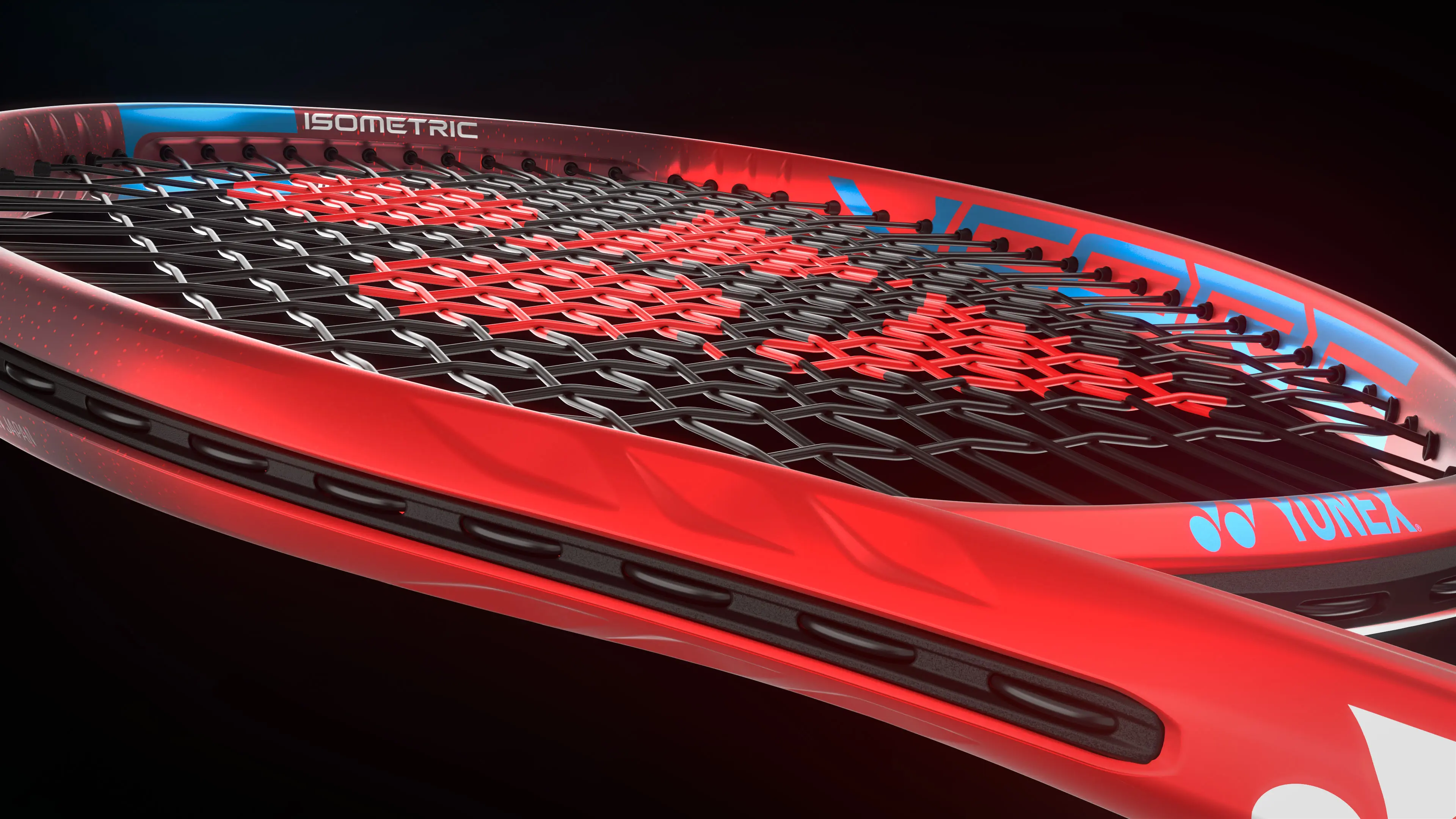 3D rendering of a Yonex VCORE tennis racquet showcasing detailed stringing and aerodynamic frame design in a bold red and black finish.