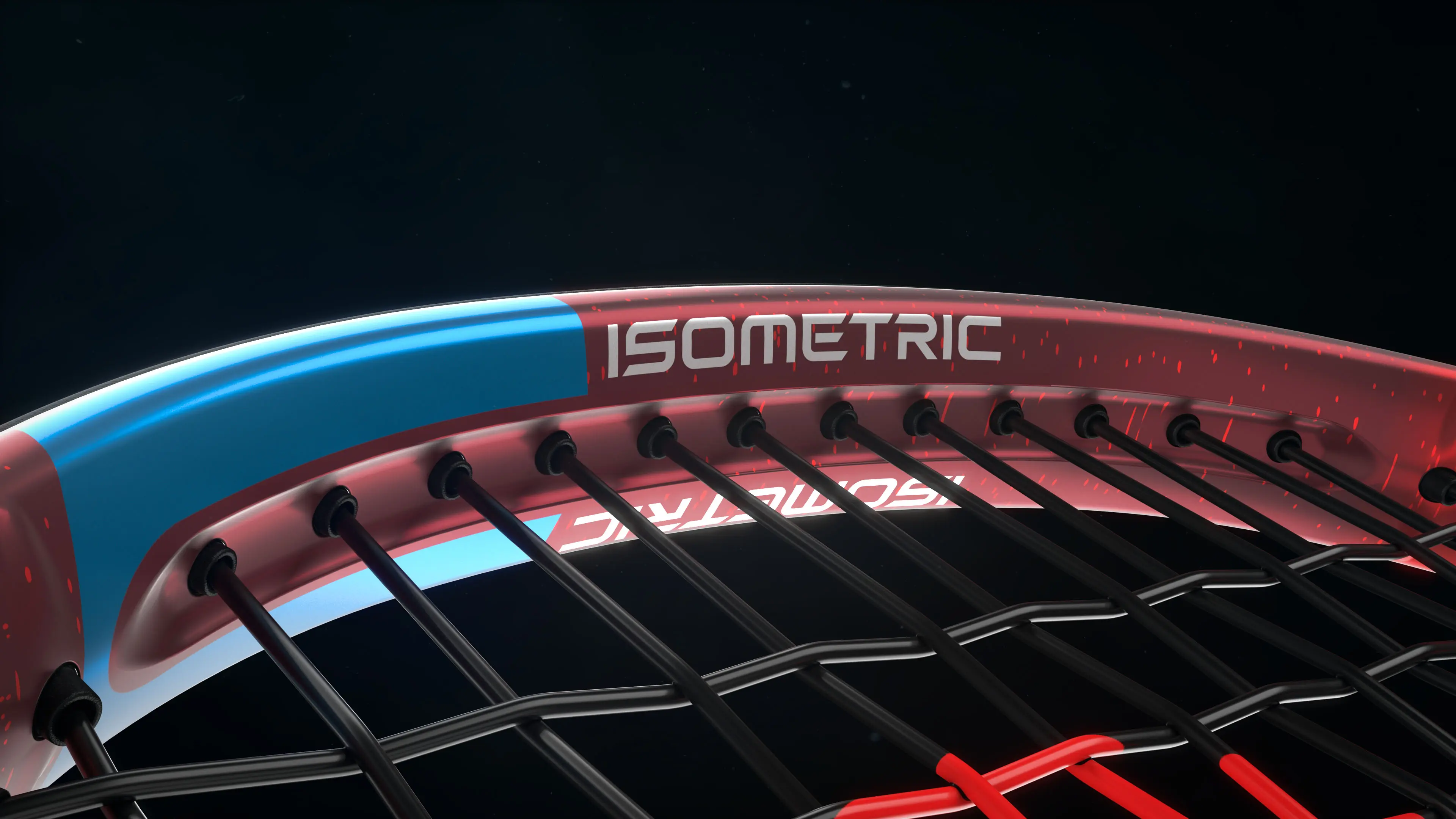 Close-up of Yonex VCORE tennis racket highlighting aerodynamic frame design and string pattern