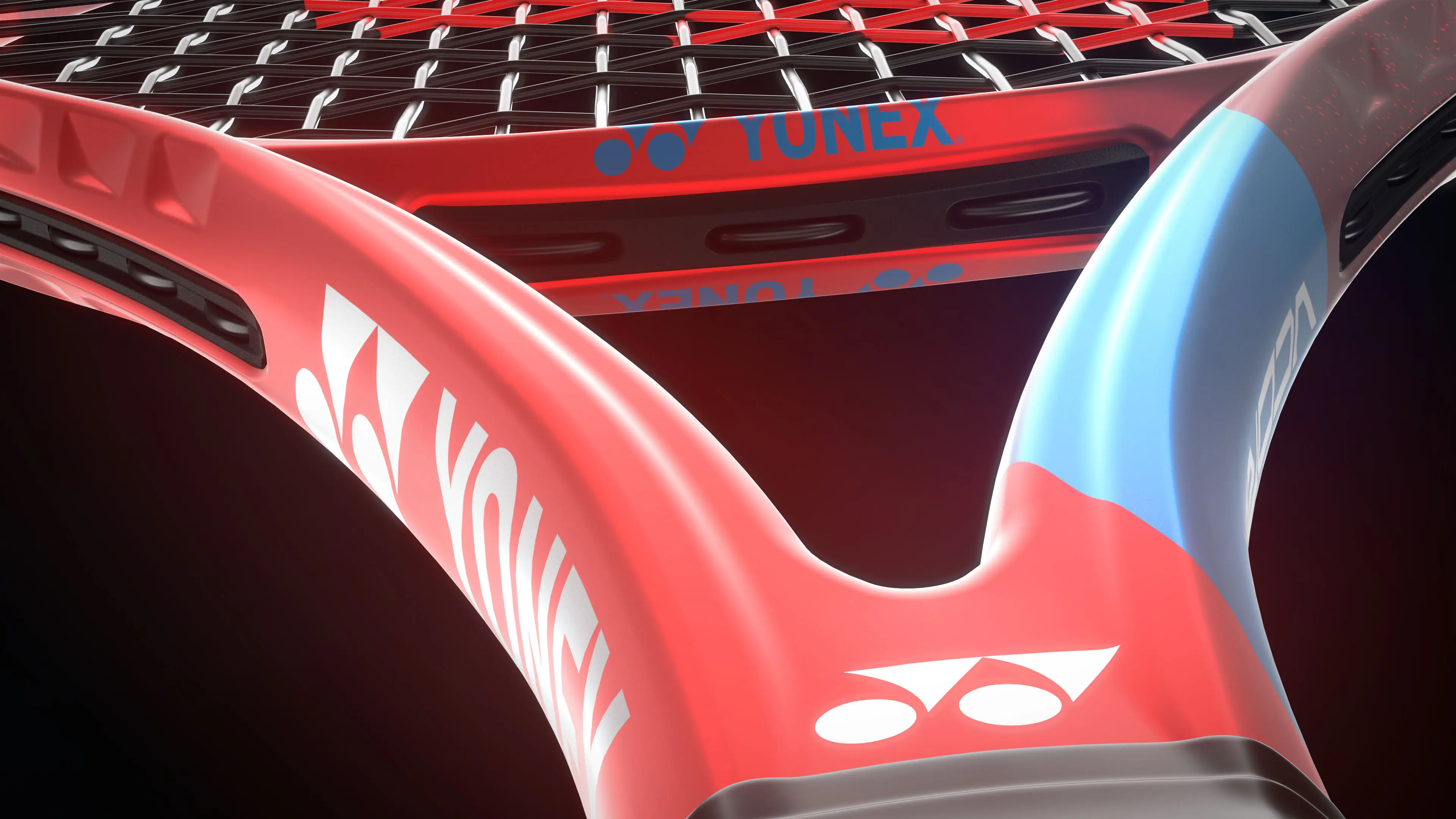 Detailed view of Yonex VCORE racket showcasing Flex Force frame construction and Yonex branding