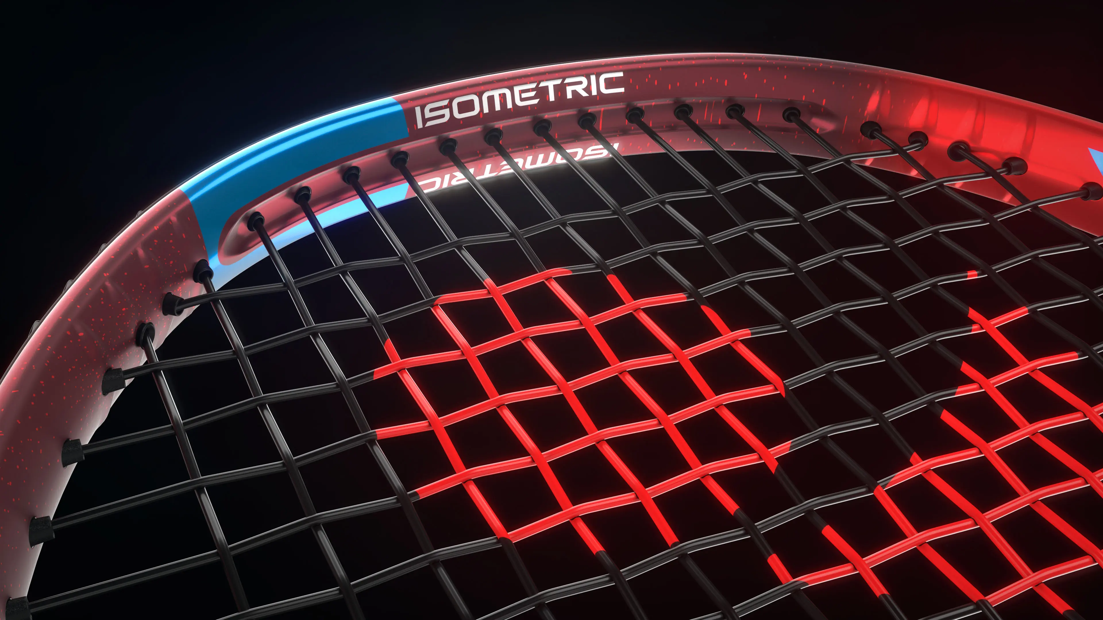 Zoomed-in image of Yonex VCORE racket grommets and red stringbed with isometric head shape