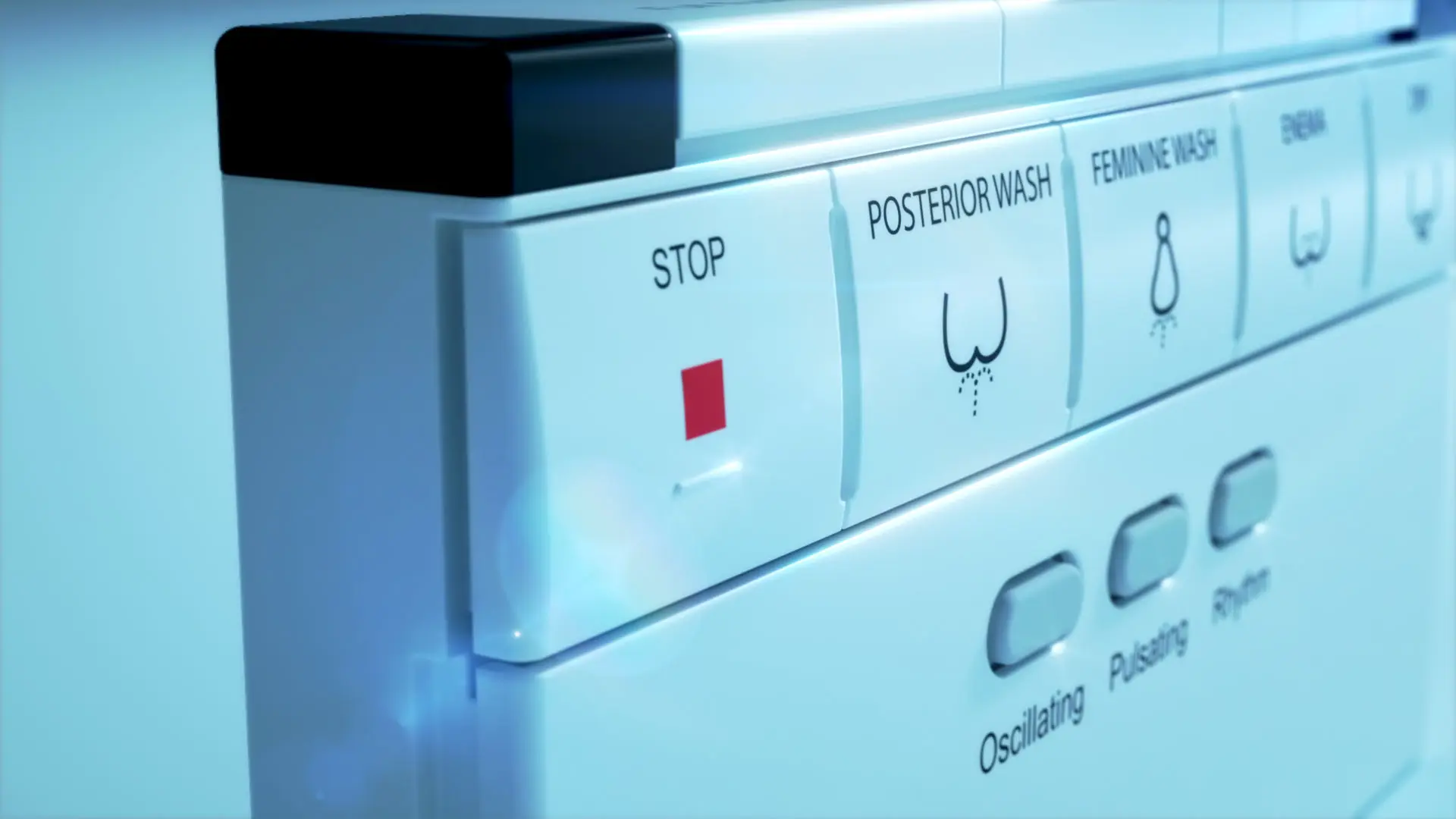 3D product rendering of a bidet control panel featuring wash mode buttons and oscillation settings