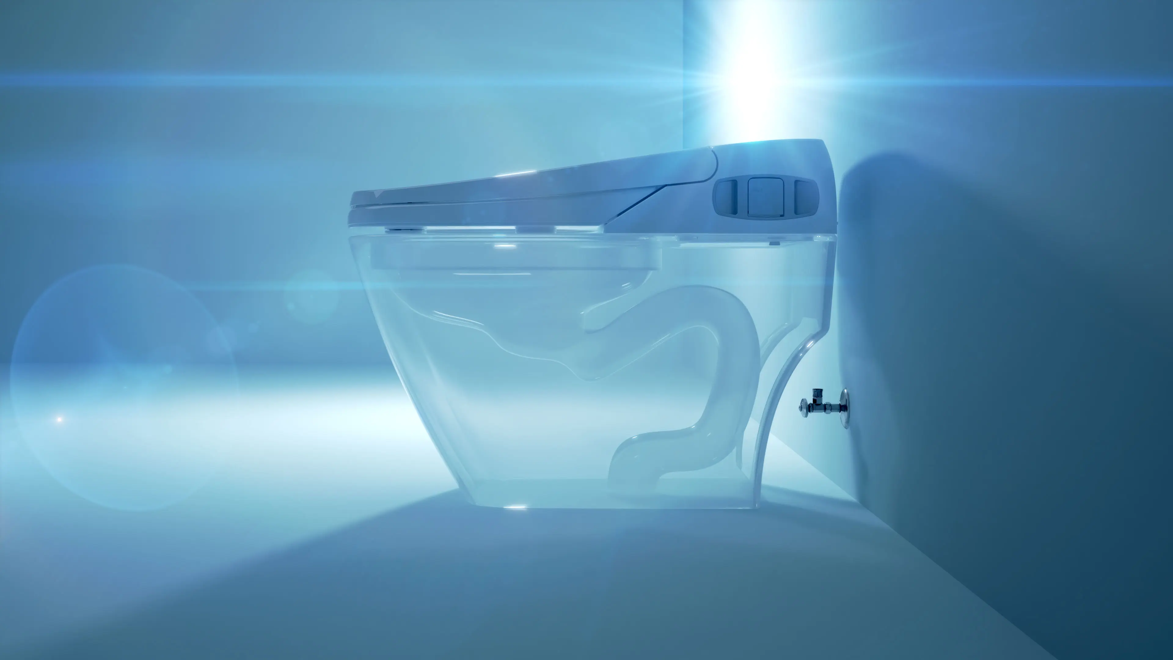 3D product rendering of a translucent toilet model showcasing internal plumbing and bidet system design