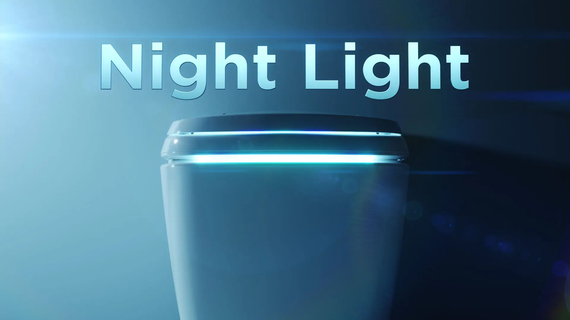 3D product rendering of a modern toilet with built-in night light feature, glowing in a blue-lit environment