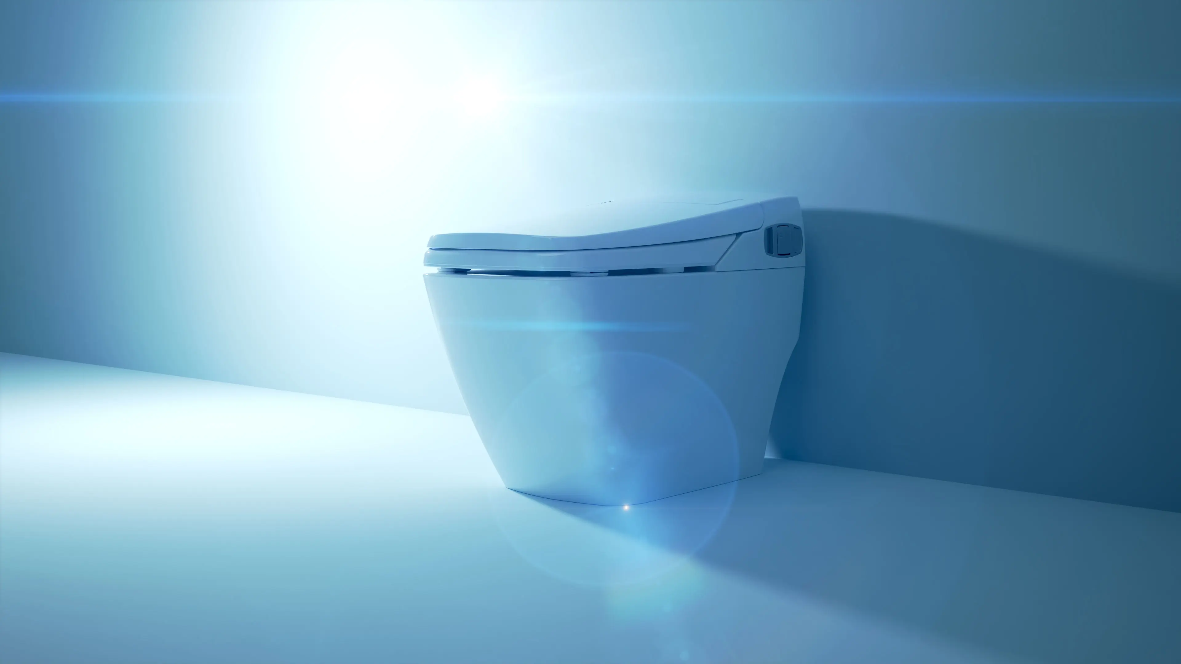 High-end CGI rendering of a sleek smart toilet in a minimalist bathroom setting