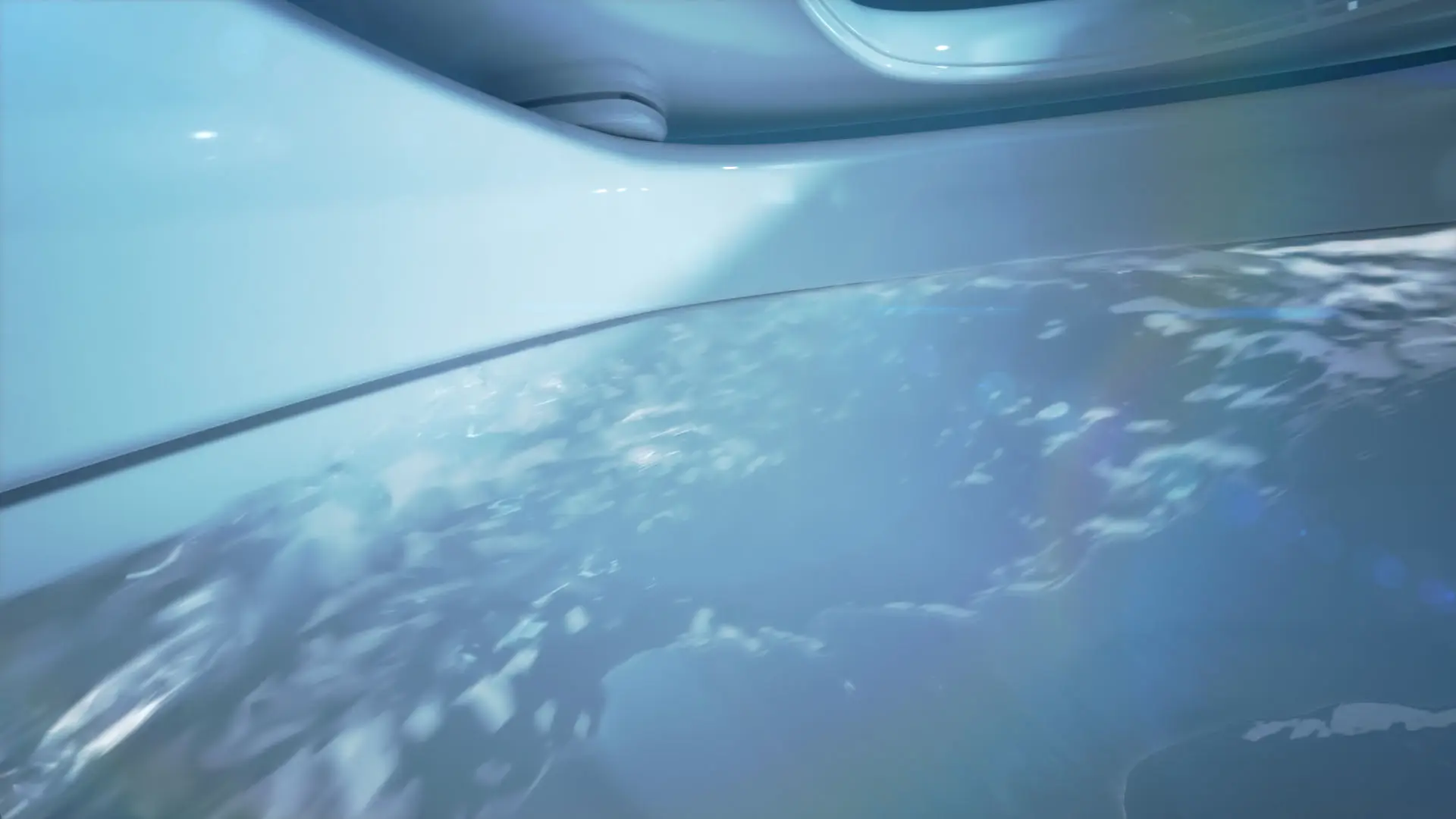 3D product rendering of a toilet bowl interior with swirling water, highlighting flush performance and cleanliness features