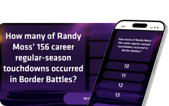 A branded trivia question on a phone and a video board