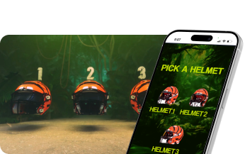 A helmet shuffle game on a board and a phone
