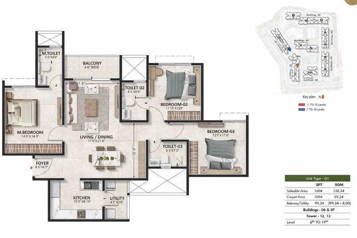 3BHK (1604 sqft) floor plan at Prestige Evergreen