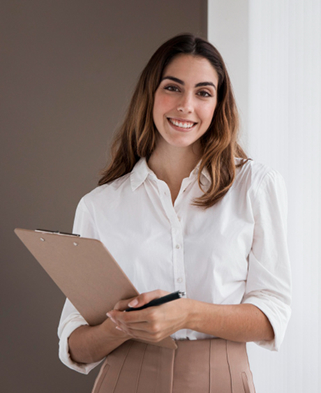 Front view of elegant businesswoman holding clipboard with copy space.