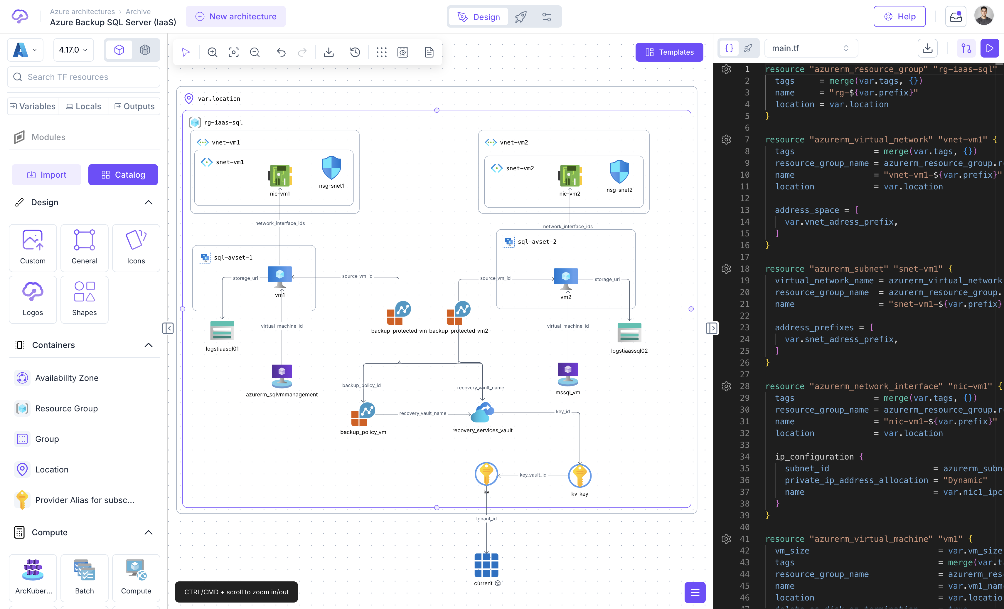 Azure SQL architecture with backup in Brainboard