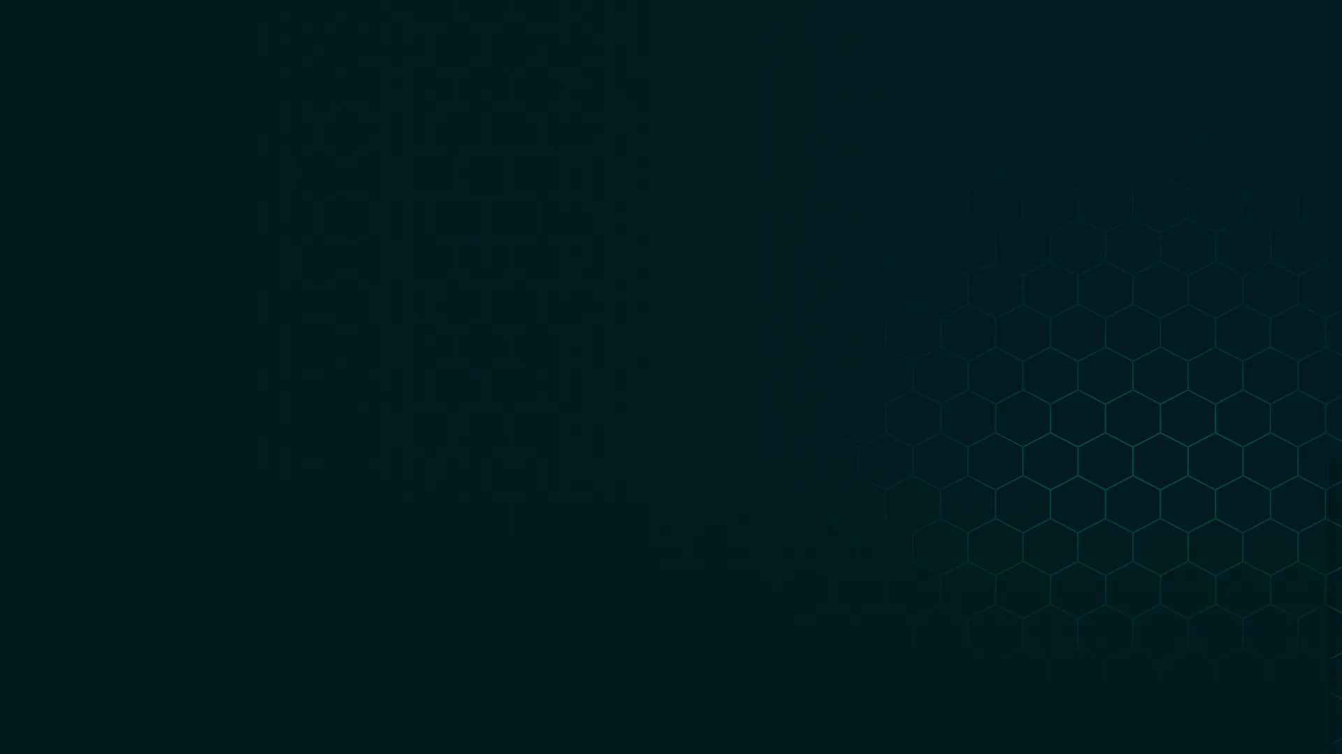 Dark teal background with a subtle hexagonal pattern on the right side.