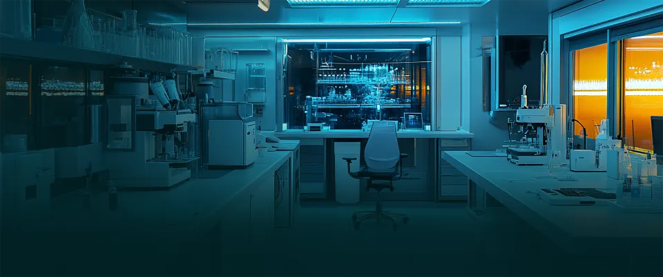 Modern laboratory with scientific equipment, workstations, and an office chair in the center under blue lighting.