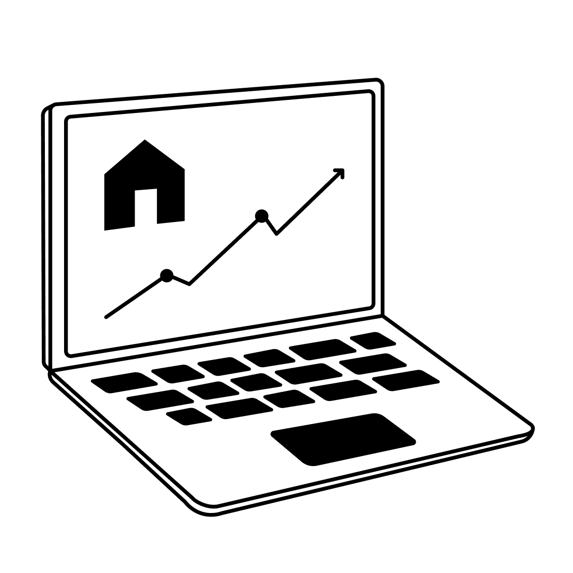 Line graph with upward trend and house icon displayed on laptop screen.