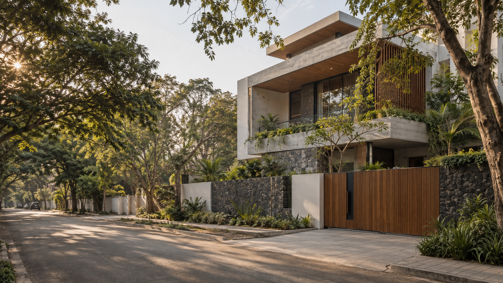 Contemporary Bengaluru residence with concrete, brick and landscaped frontage