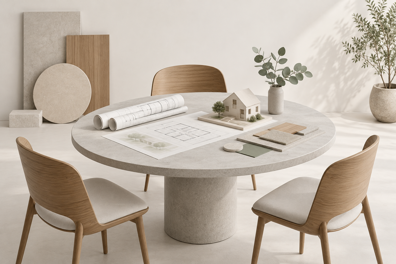 Project team diorama with plans, finish samples and home model
