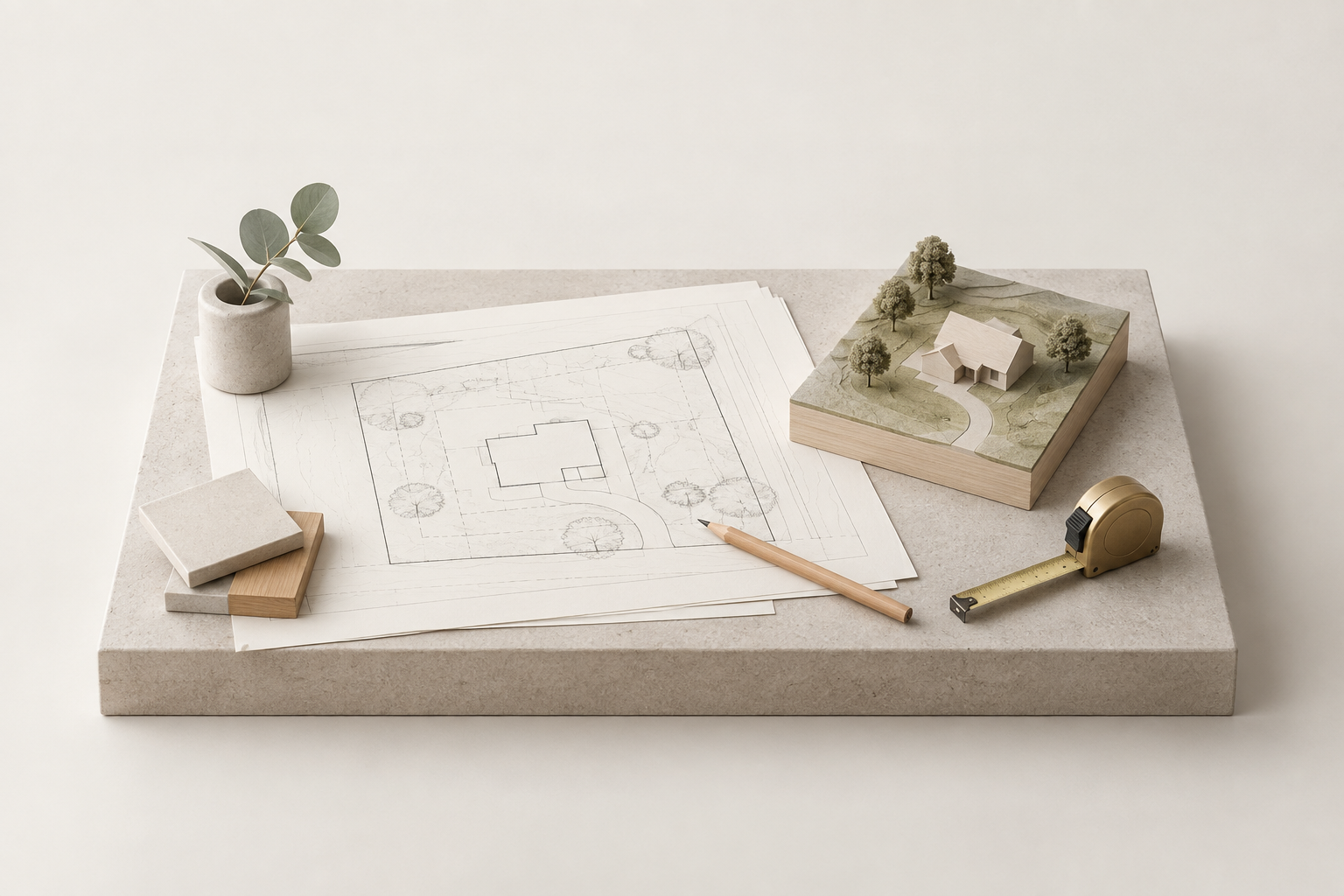 Project brief diorama with site plan, plot model and measuring tape