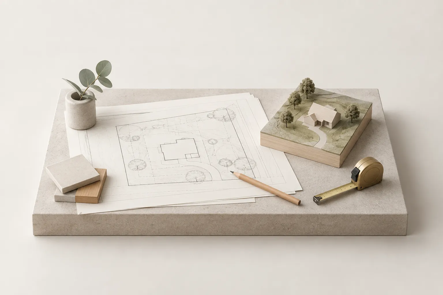 Project brief diorama with site plan, plot model and measuring tape