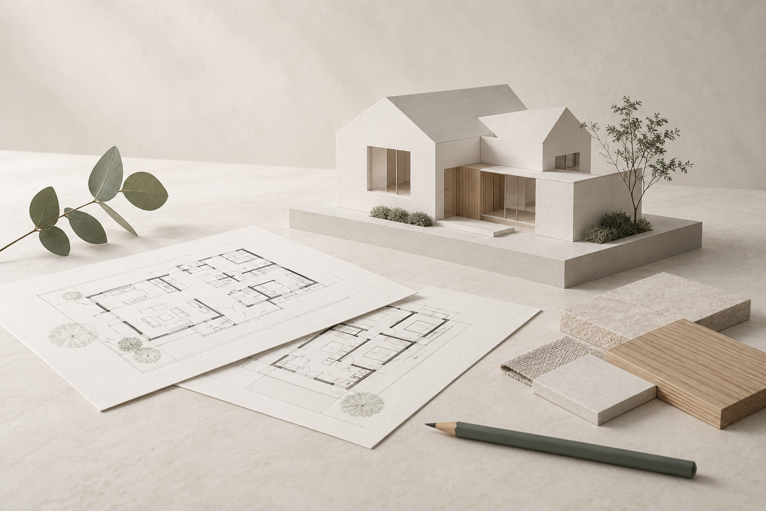 Final design diorama with architectural model, plans and finishes