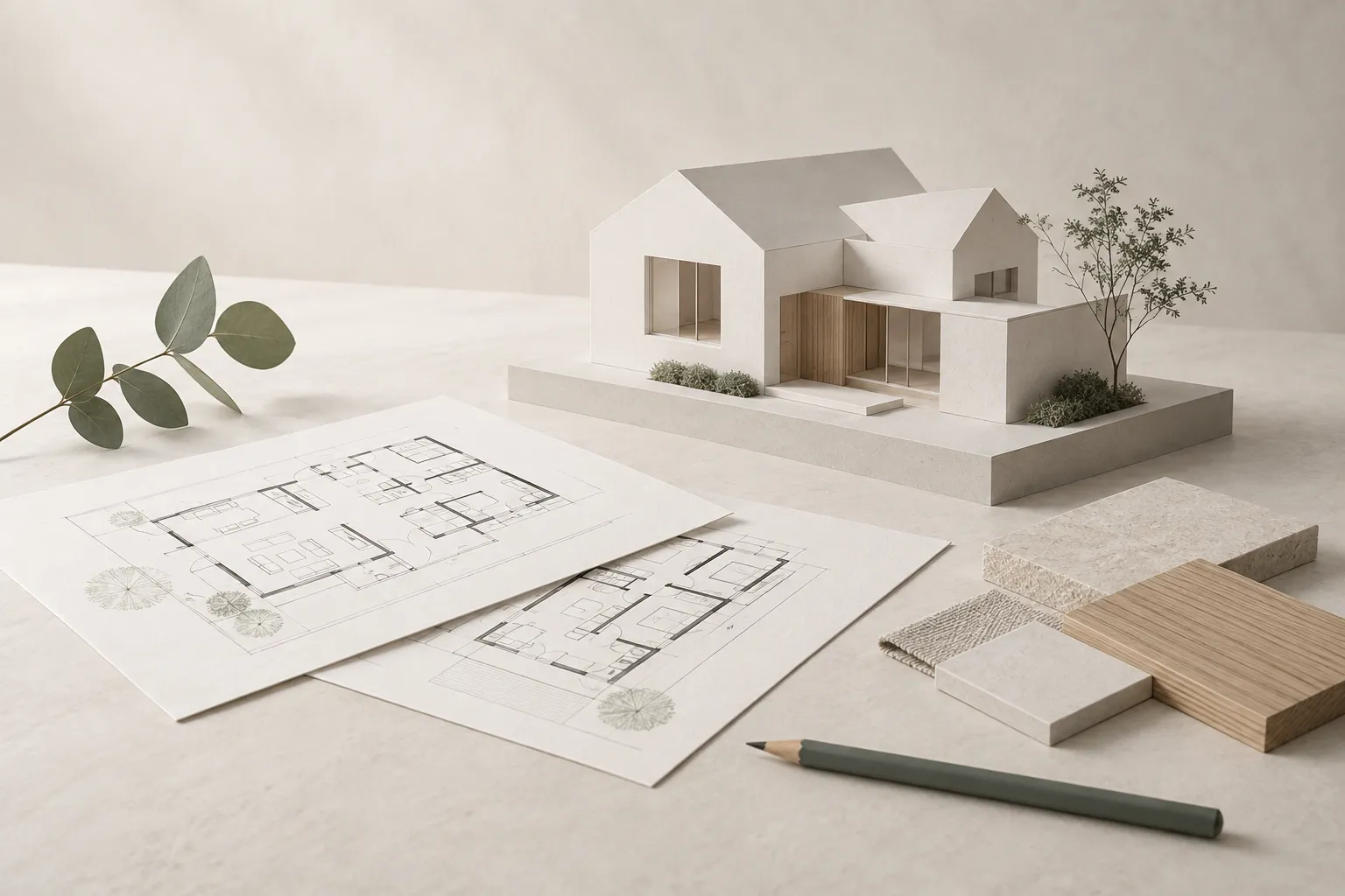Final design diorama with architectural model, plans and finishes