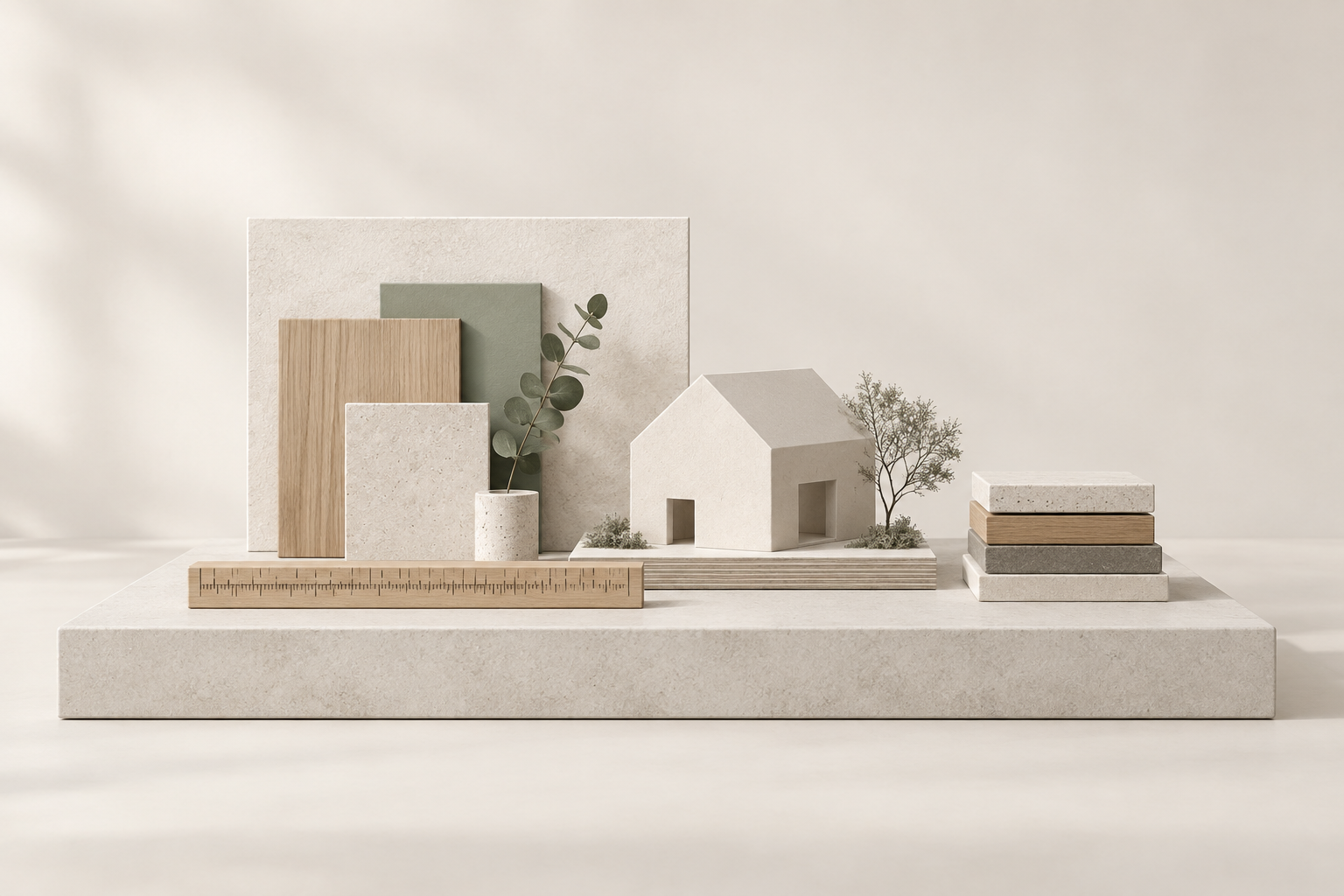 Scope and estimate diorama with home model and material samples