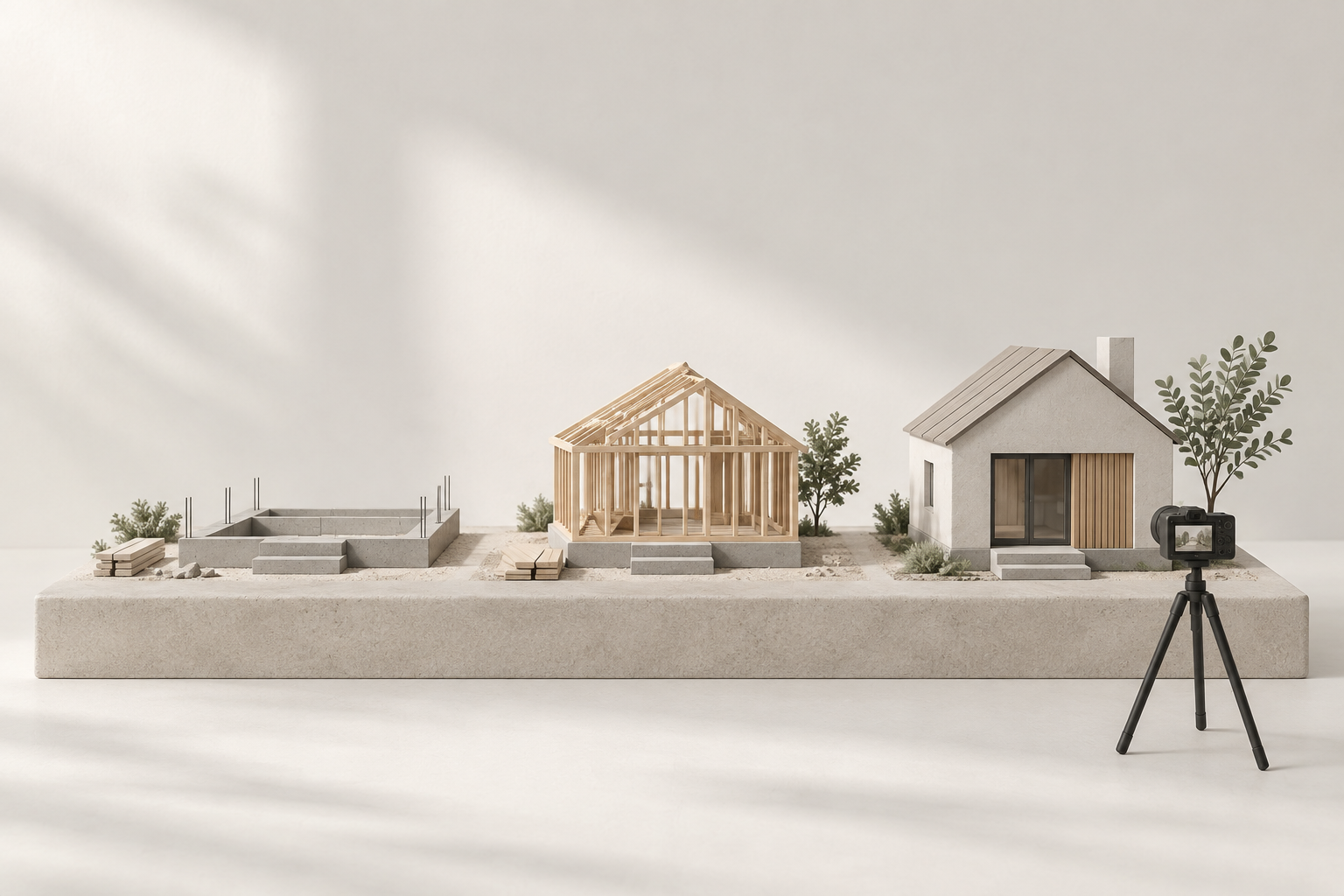 Live progress diorama showing a home through three construction stages