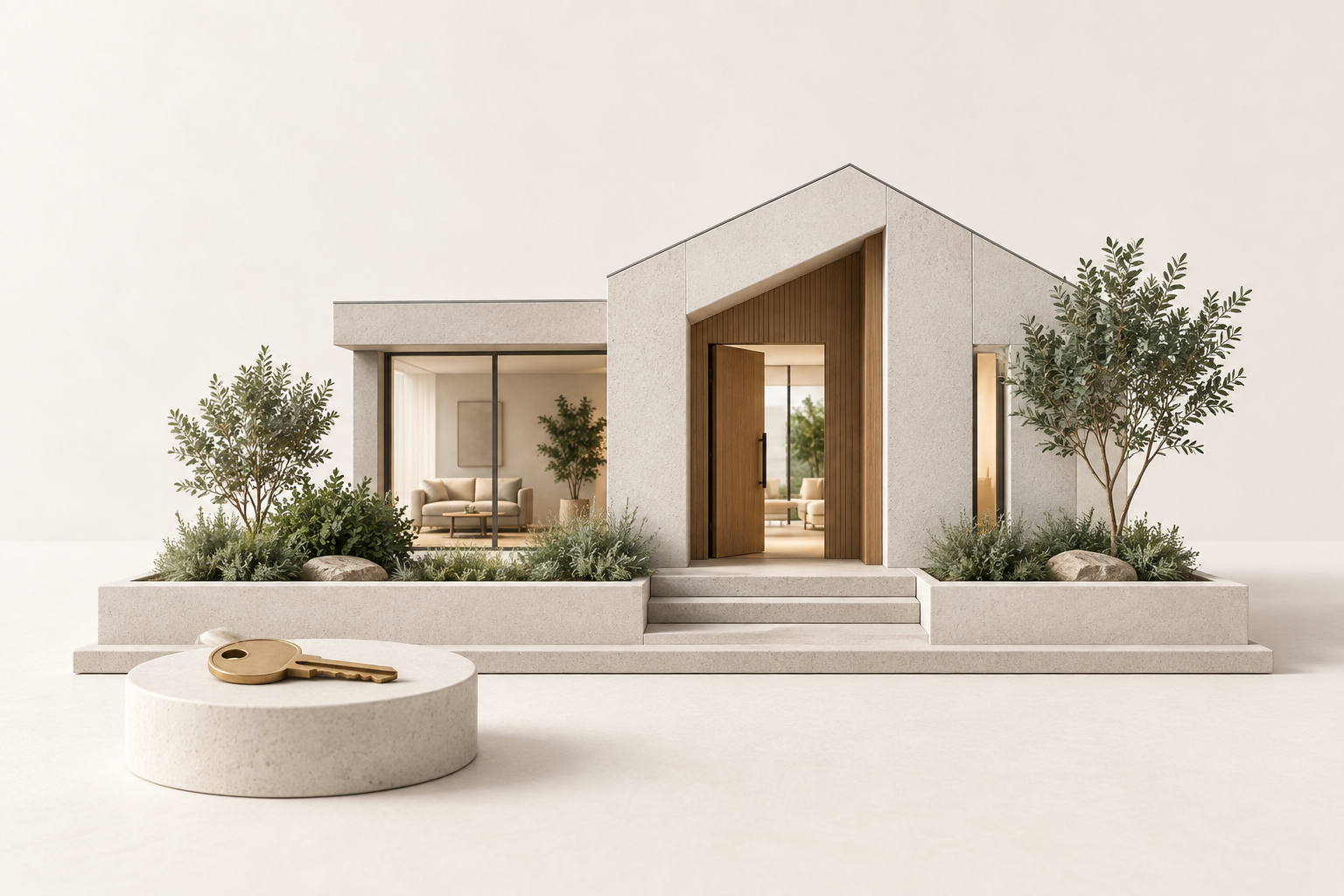 Handover diorama with finished home, open entrance and key