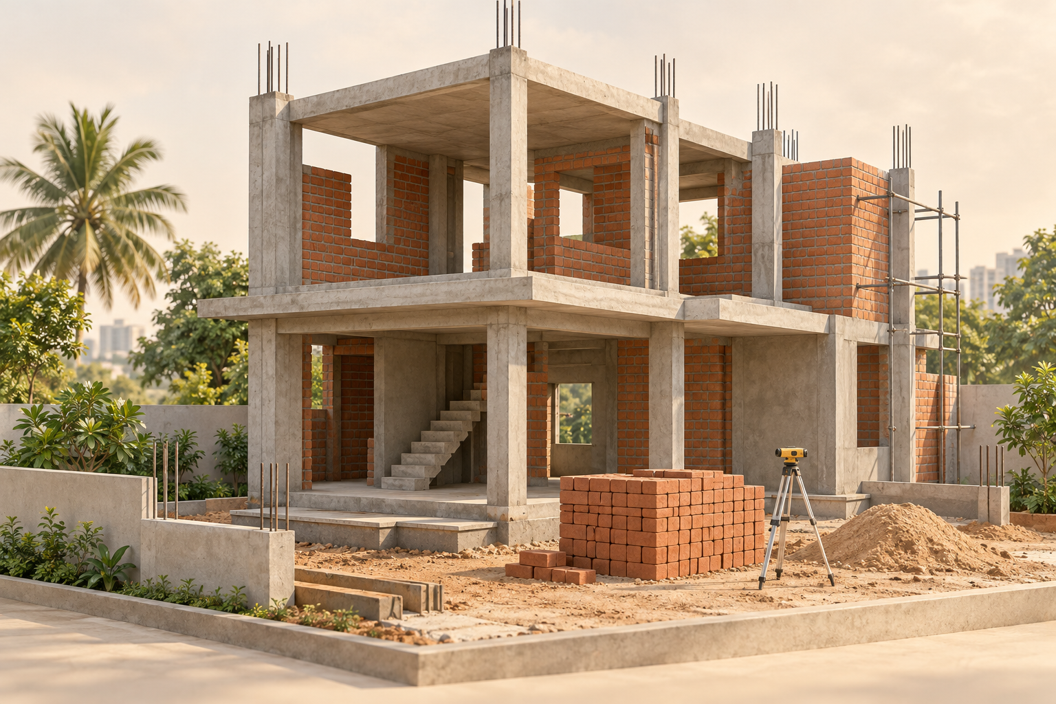 Indian RCC-frame home under construction with exposed red-brick infill walls in Bengaluru
