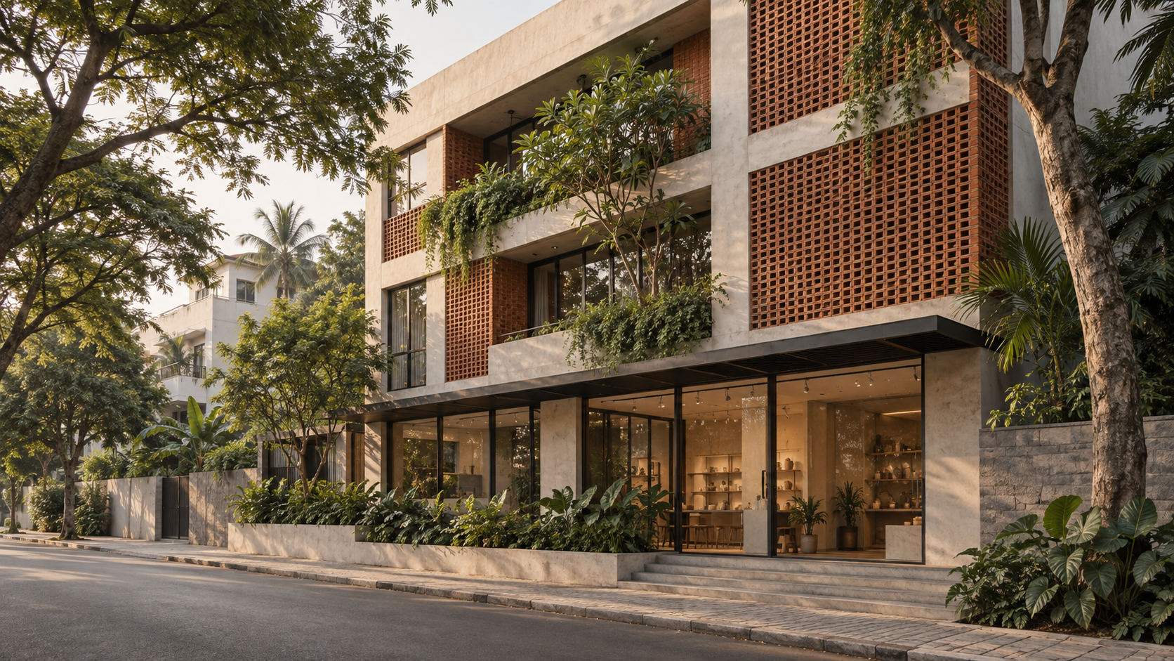 Contemporary Bengaluru commercial building with concrete frame and red brick screens