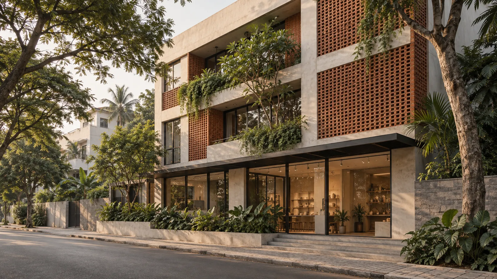 Contemporary Bengaluru commercial building with concrete frame and red brick screens