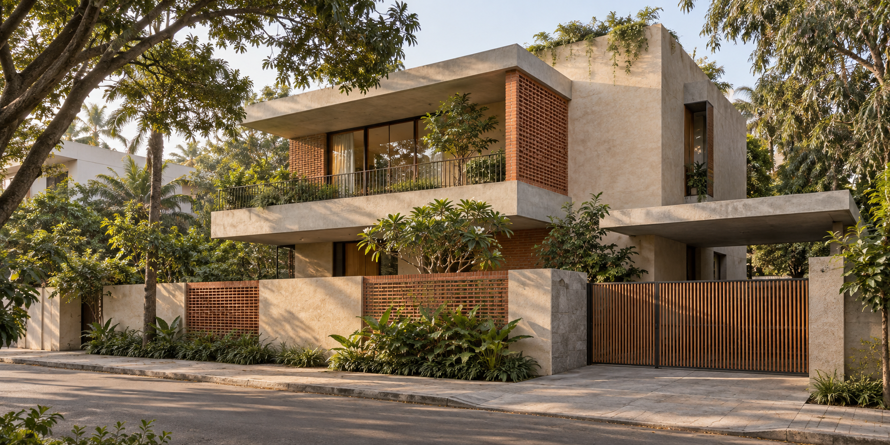 Contemporary Bengaluru home with RCC construction, brick screens and tropical planting