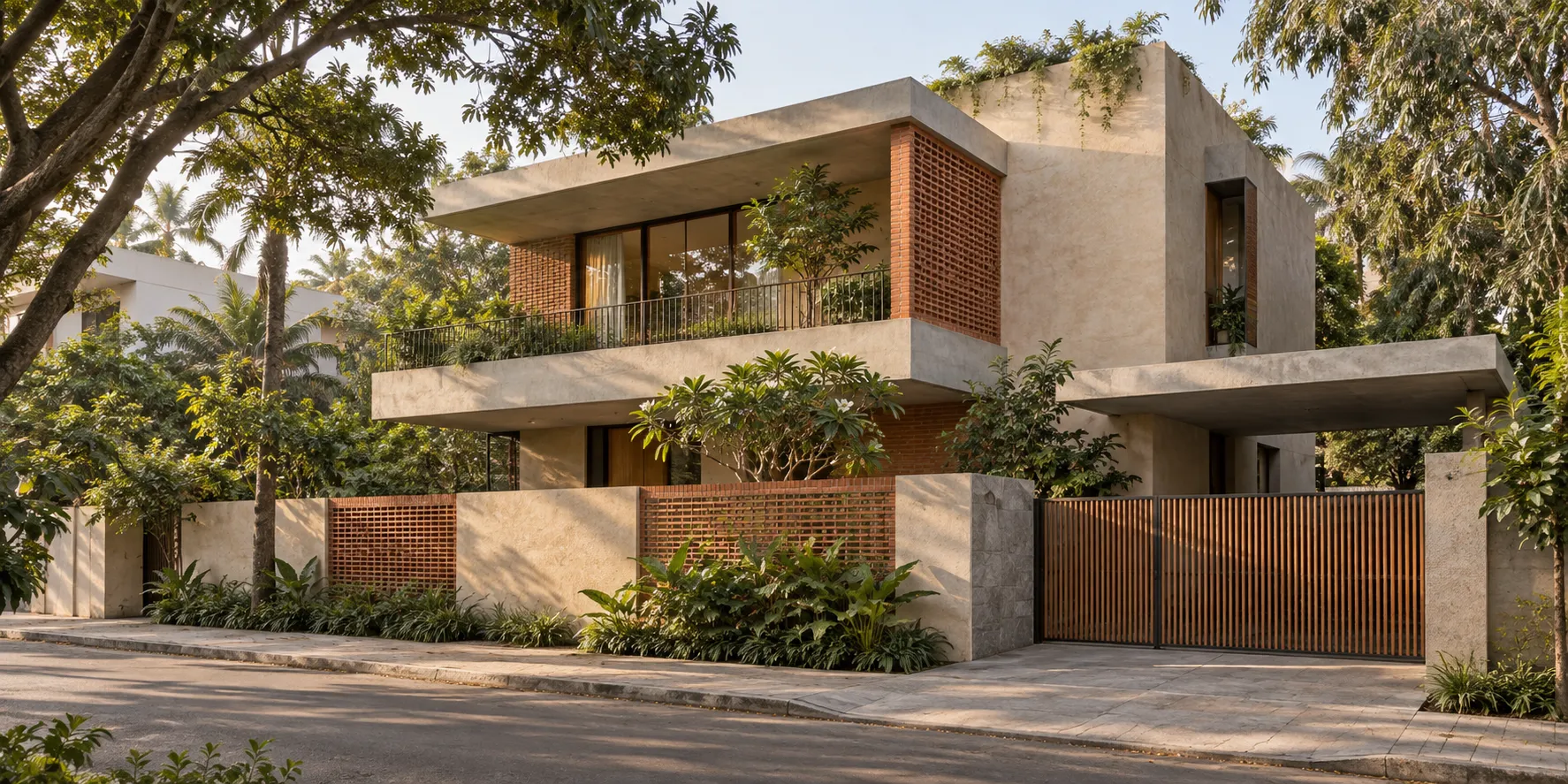 Contemporary Bengaluru home with RCC construction, brick screens and tropical planting