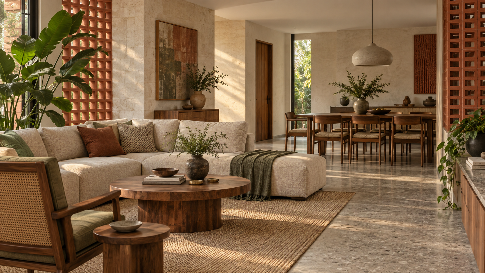 Warm contemporary Indian living and dining interior with teak, stone and brick details