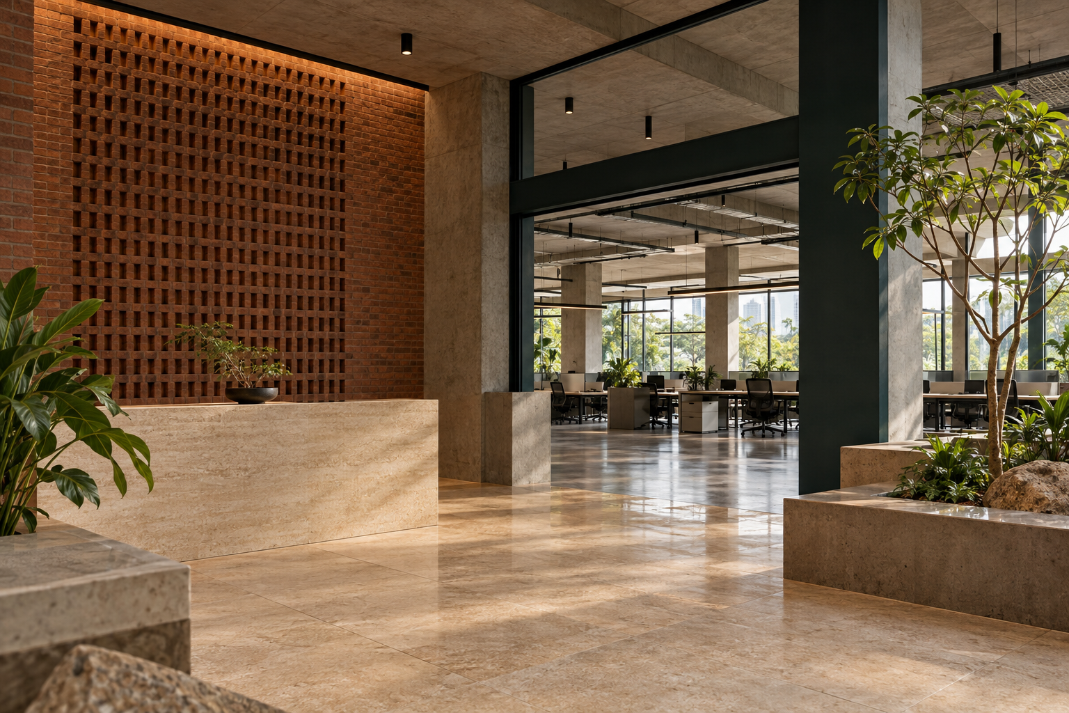 Contemporary commercial workspace with concrete and brick detailing in Bengaluru