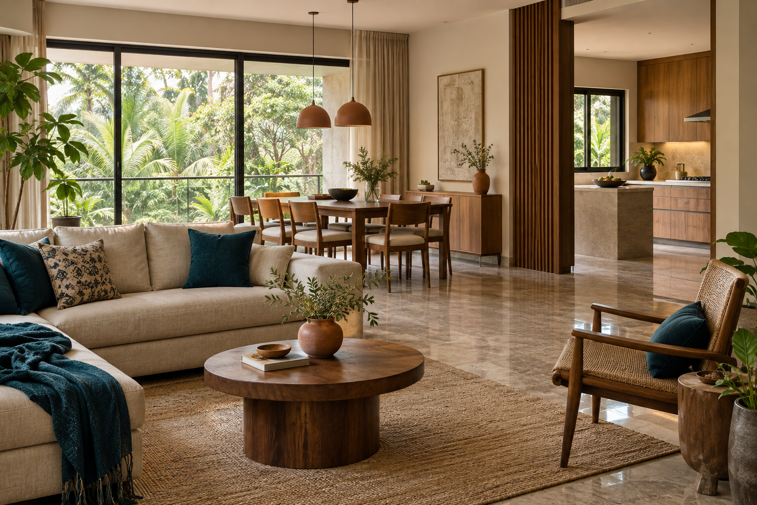 Completed Bengaluru home interior with modular kitchen and natural materials