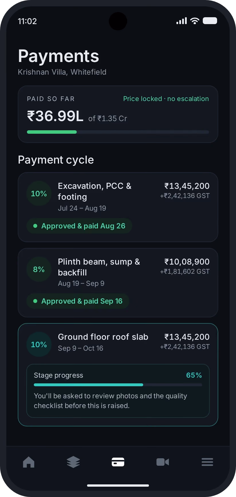 Buildryt app payments screen: amount paid against the total, stages approved and paid, and the next stage awaiting review