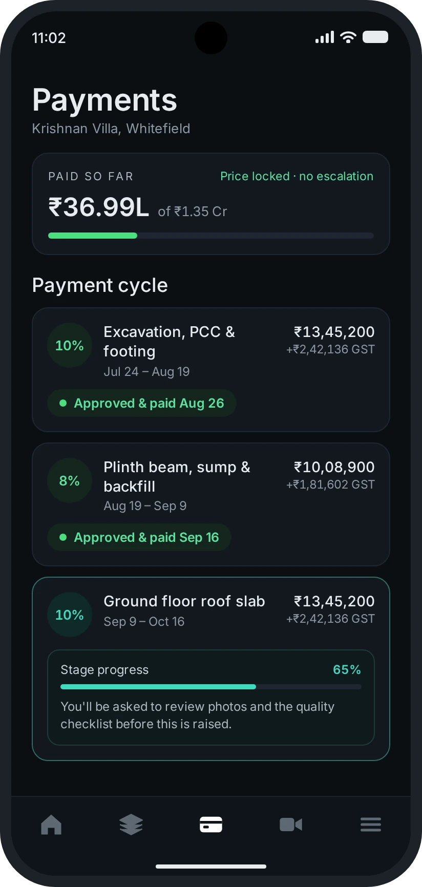 Buildryt app payments screen: amount paid against the total, stages approved and paid, and the next stage awaiting review