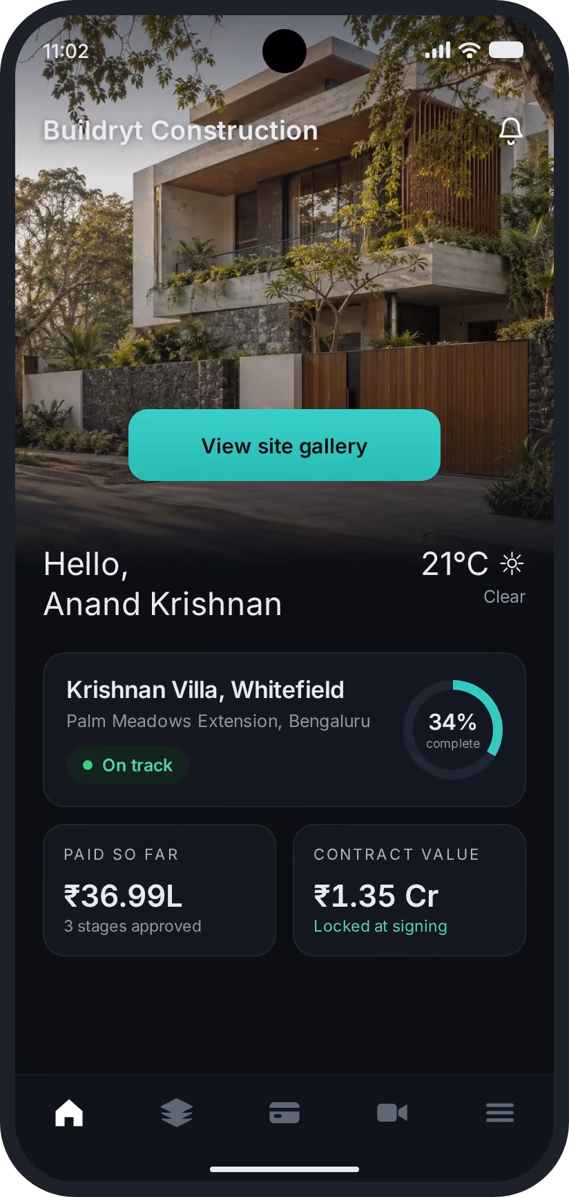Buildryt app home screen: project progress at 34%, amount paid so far, and the contract value locked at signing