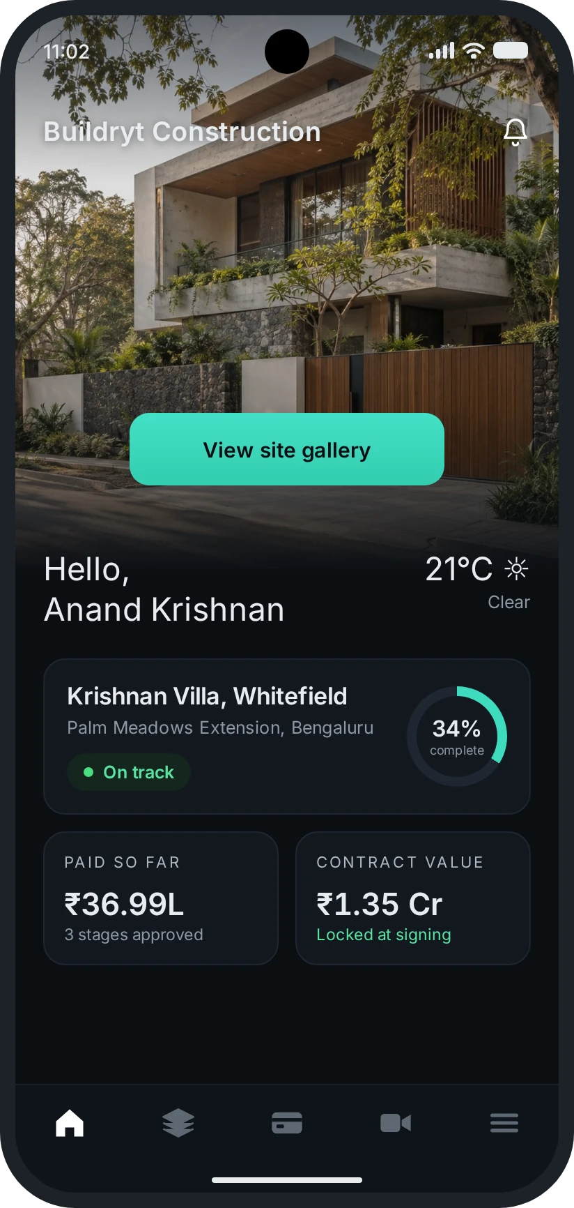 Buildryt app home screen: project progress at 34%, amount paid so far, and the contract value locked at signing