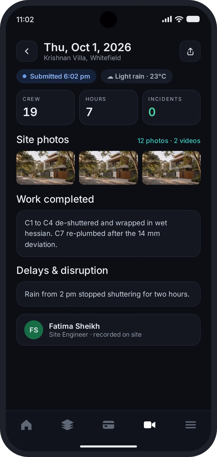 Buildryt app daily site report: crew on site, hours worked, zero incidents, site photos, work completed and the site engineer who recorded it