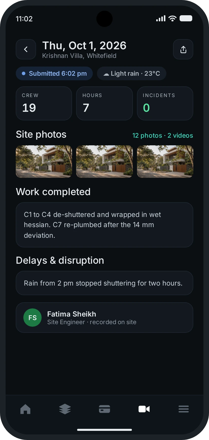 Buildryt app daily site report: crew on site, hours worked, zero incidents, site photos, work completed and the site engineer who recorded it