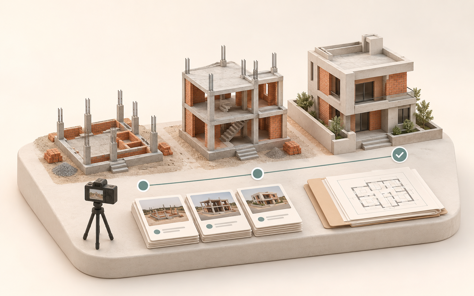 Clay diorama of an Indian RCC and brick home progressing through construction milestones with camera updates and drawings.
